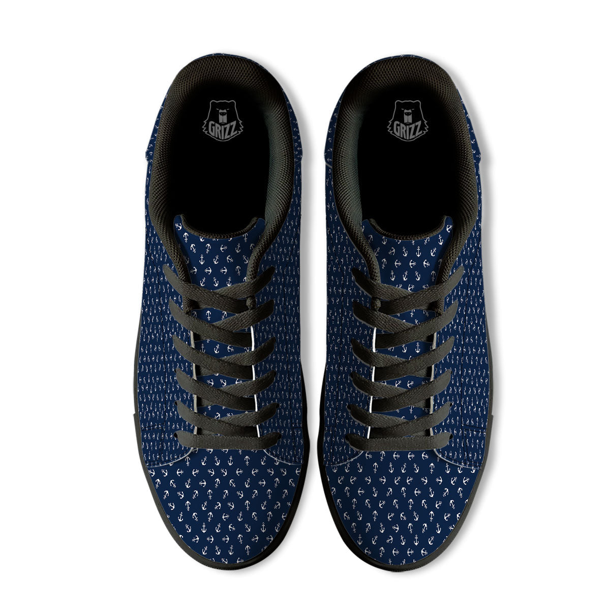 Anchor White And Blue Print Pattern Black Low Top Sneakers-grizzshop