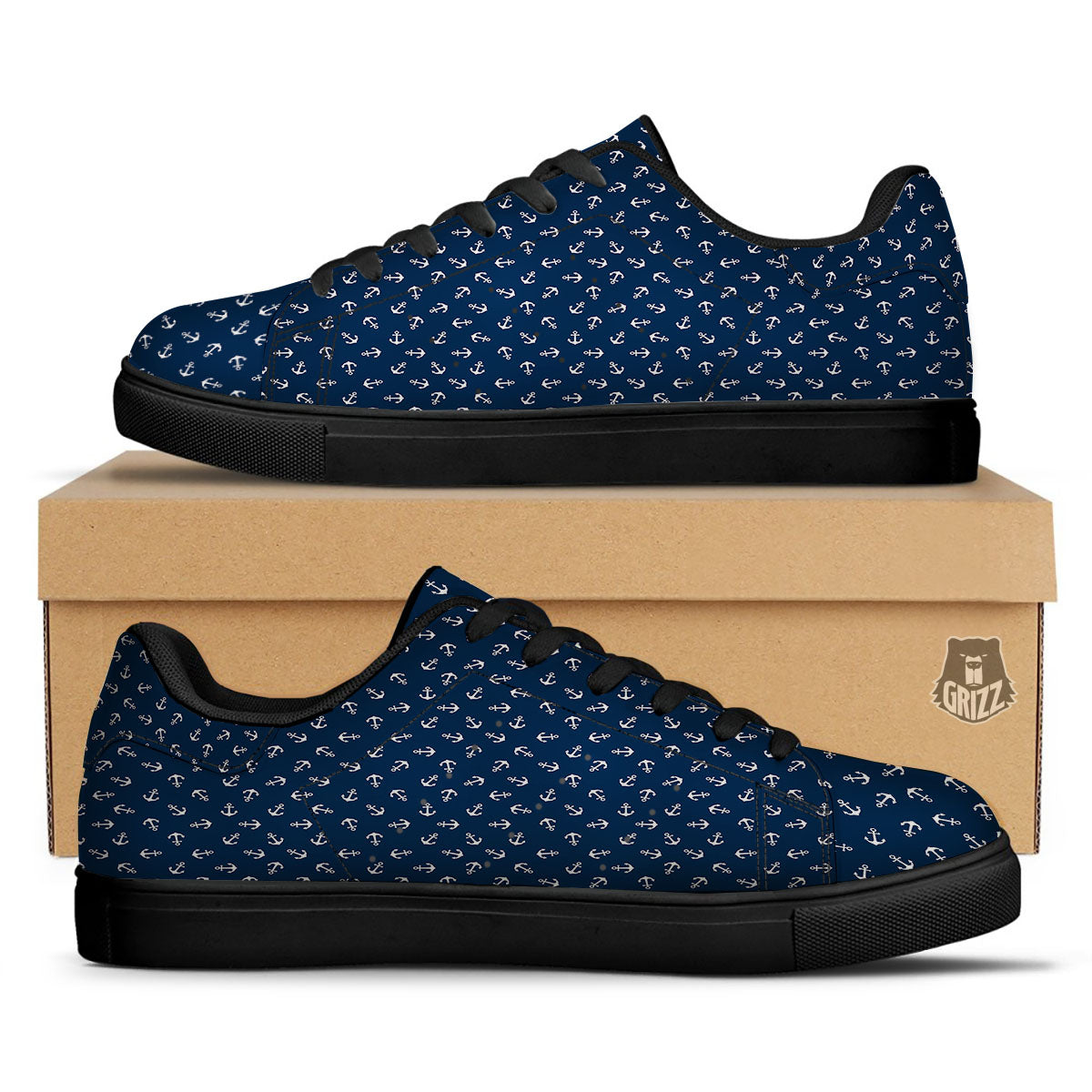 Anchor White And Blue Print Pattern Black Low Top Sneakers-grizzshop
