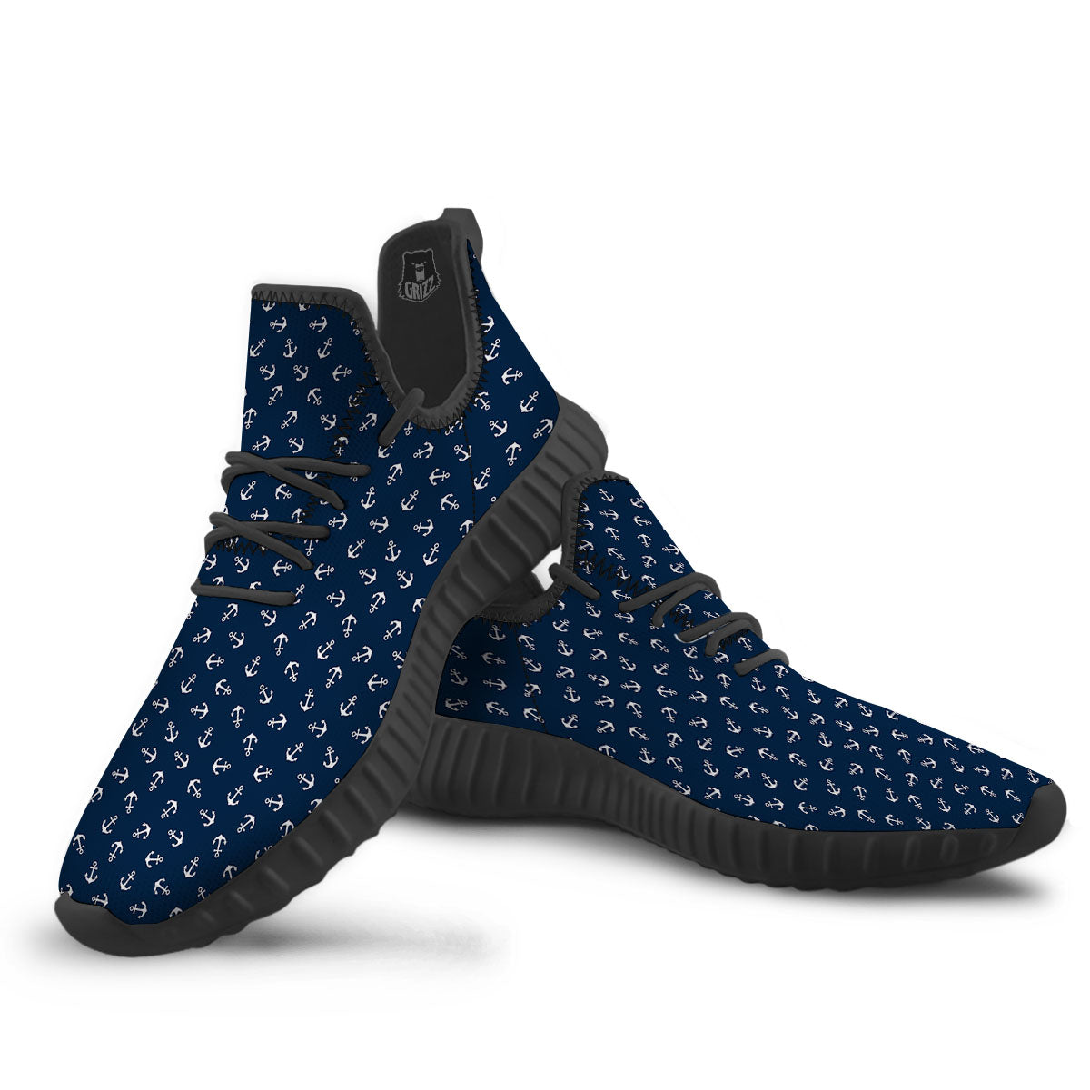 Anchor White And Blue Print Pattern Black Walking Shoes-grizzshop