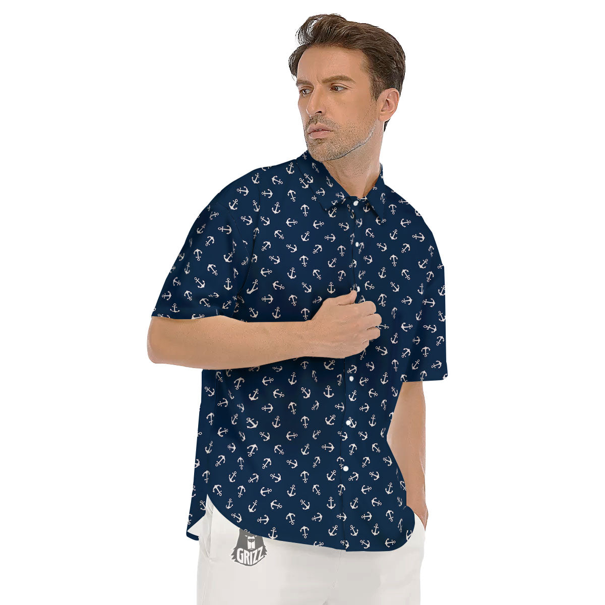 Anchor White And Blue Print Pattern Men's Short Sleeve Shirts-grizzshop