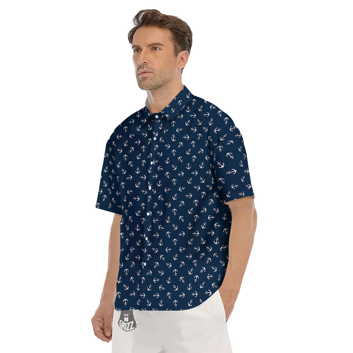 Anchor White And Blue Print Pattern Men's Short Sleeve Shirts-grizzshop