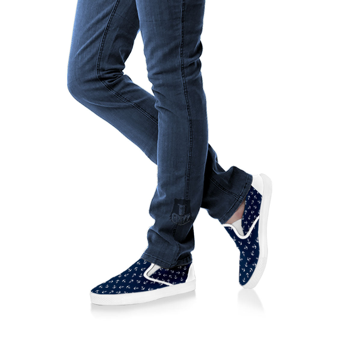 Anchor White And Blue Print Pattern White Slip On Shoes-grizzshop