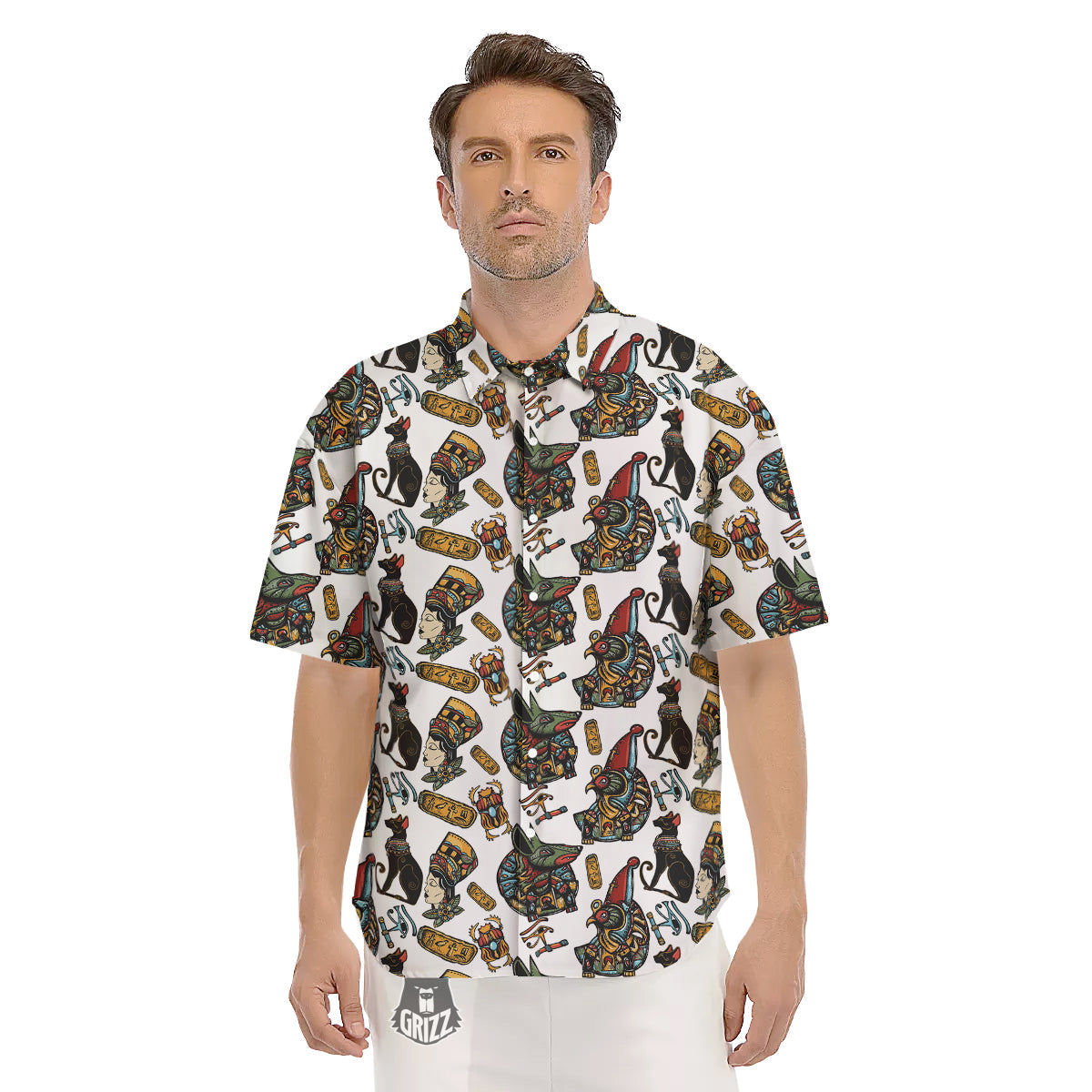 Ancient Egypt Old School Tattoo Print Pattern Men's Short Sleeve Shirts-grizzshop