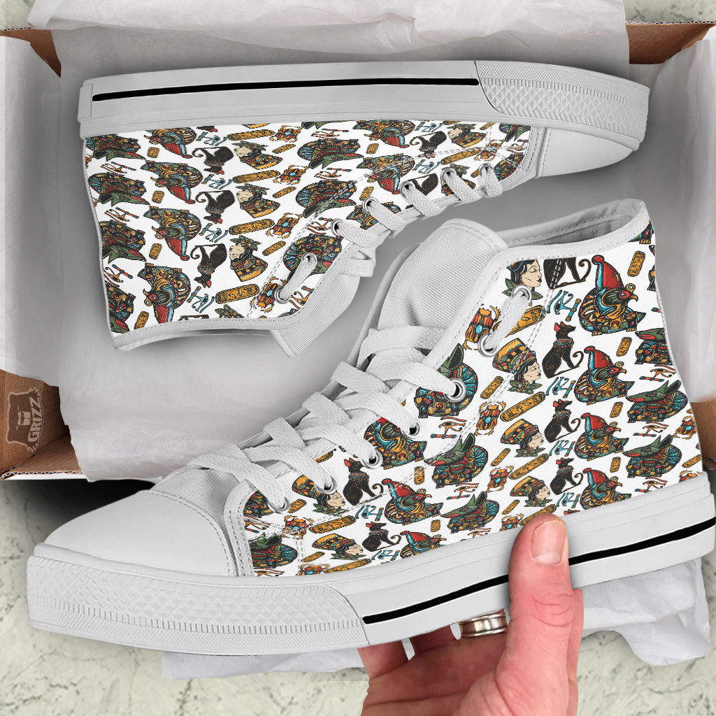 Ancient Egypt Old School Tattoo Print Pattern White High Top Shoes-grizzshop