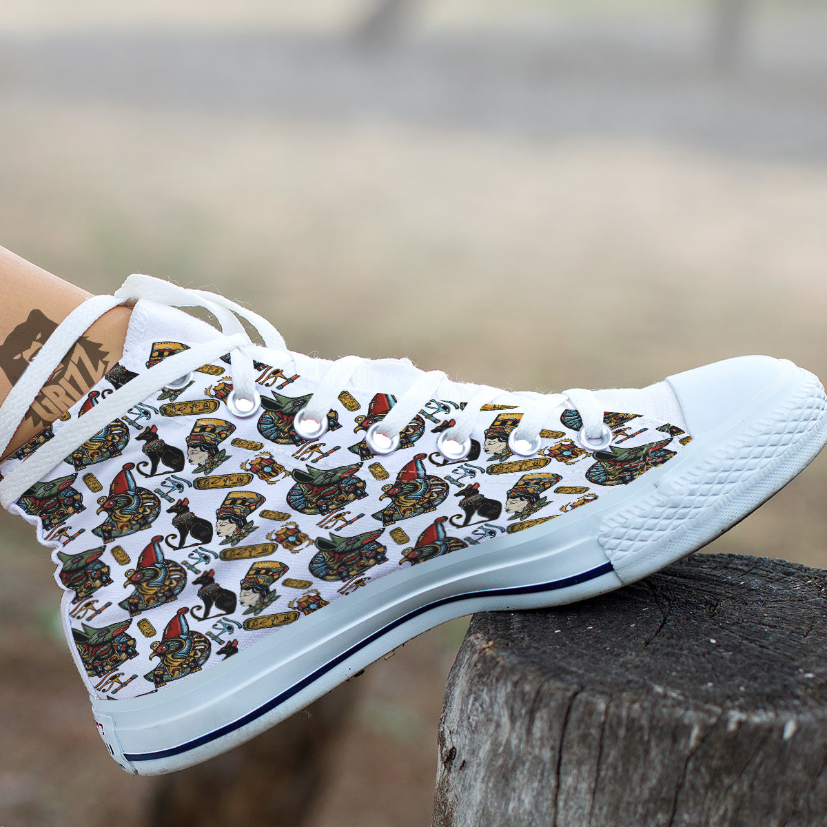 Ancient Egypt Old School Tattoo Print Pattern White High Top Shoes-grizzshop
