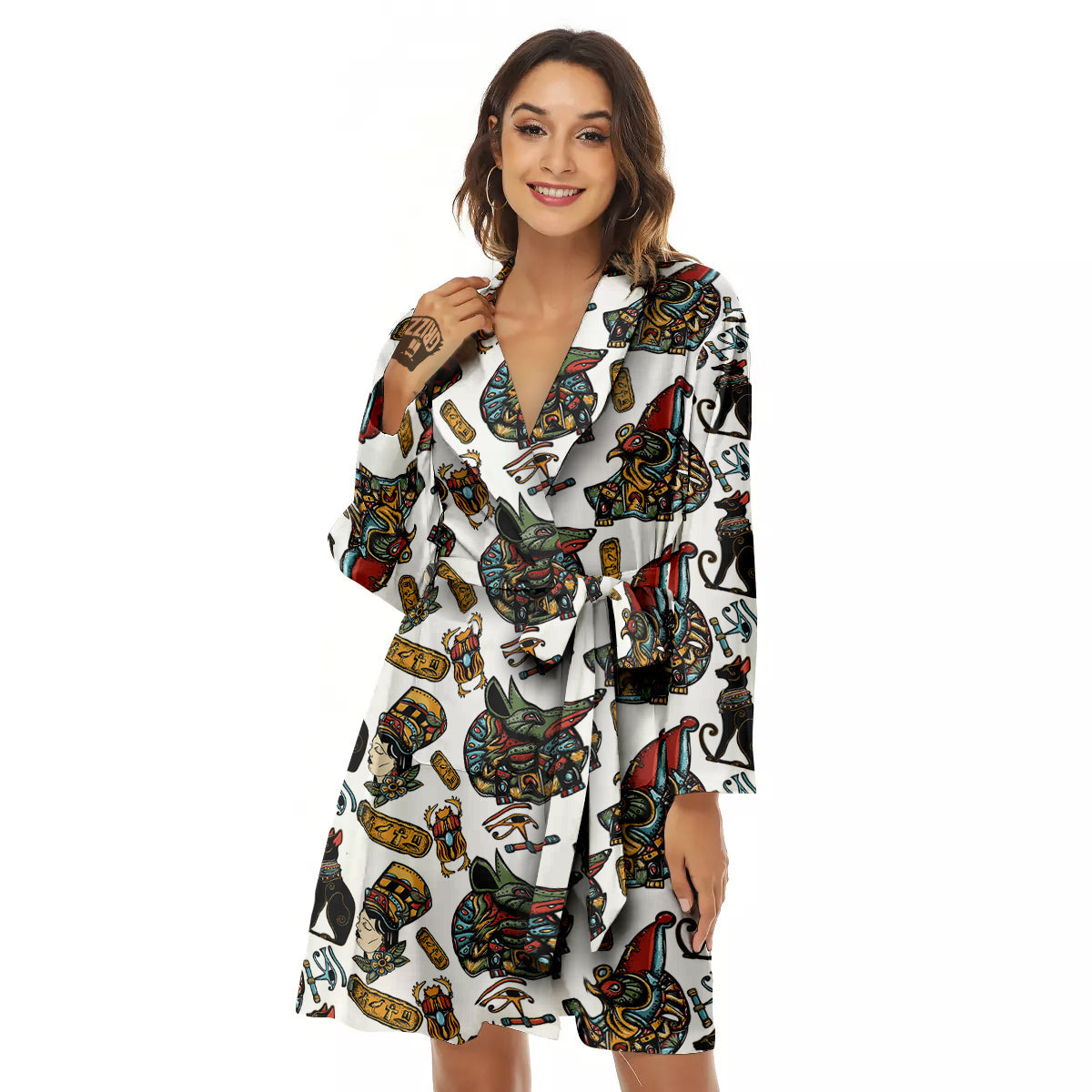 Ancient Egypt Old School Tattoo Print Pattern Women's Robe-grizzshop