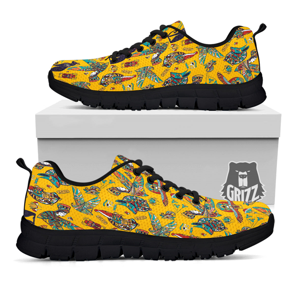 Ancient Egypt Yellow Print Pattern Black Sneaker-grizzshop