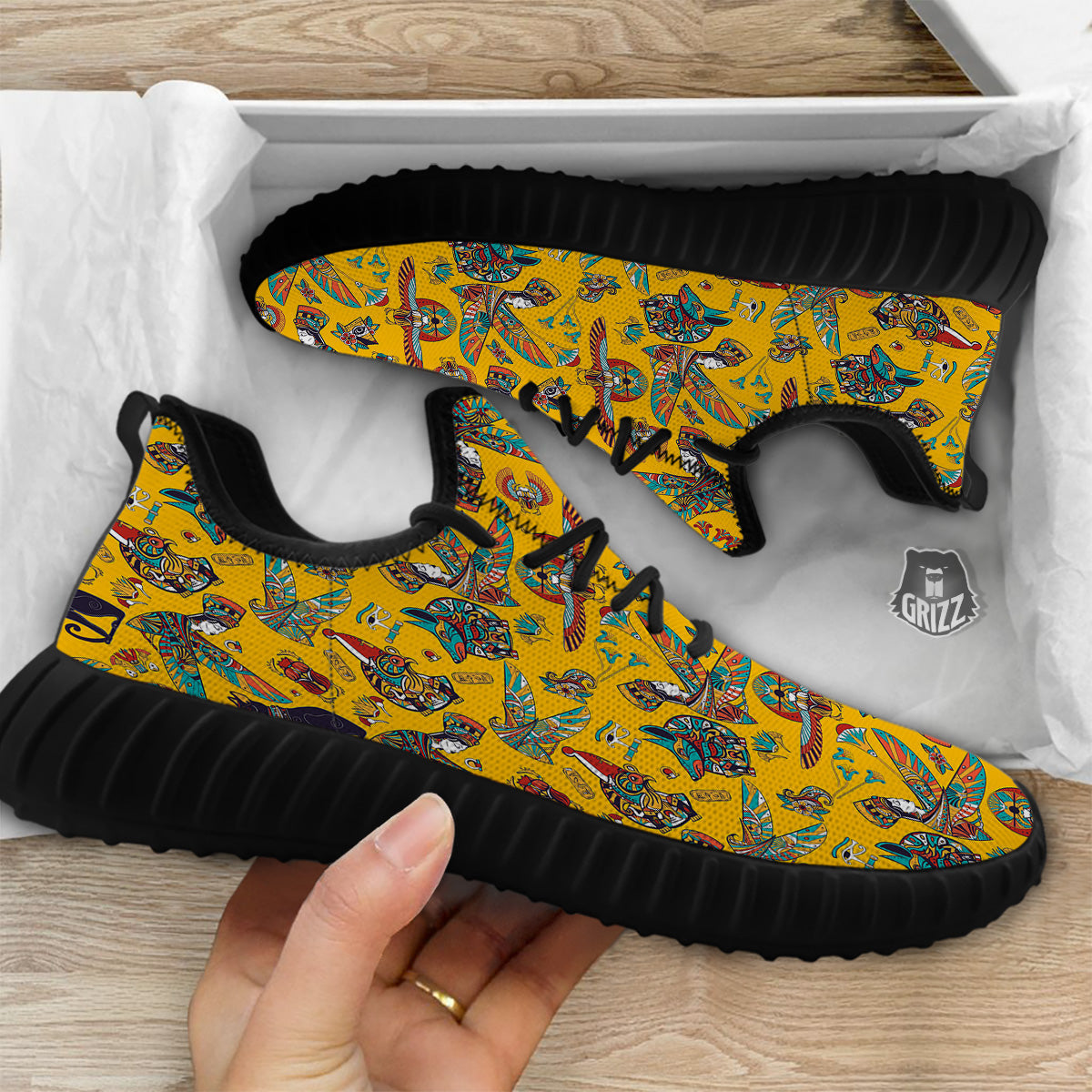 Ancient Egypt Yellow Print Pattern Black Walking Shoes-grizzshop