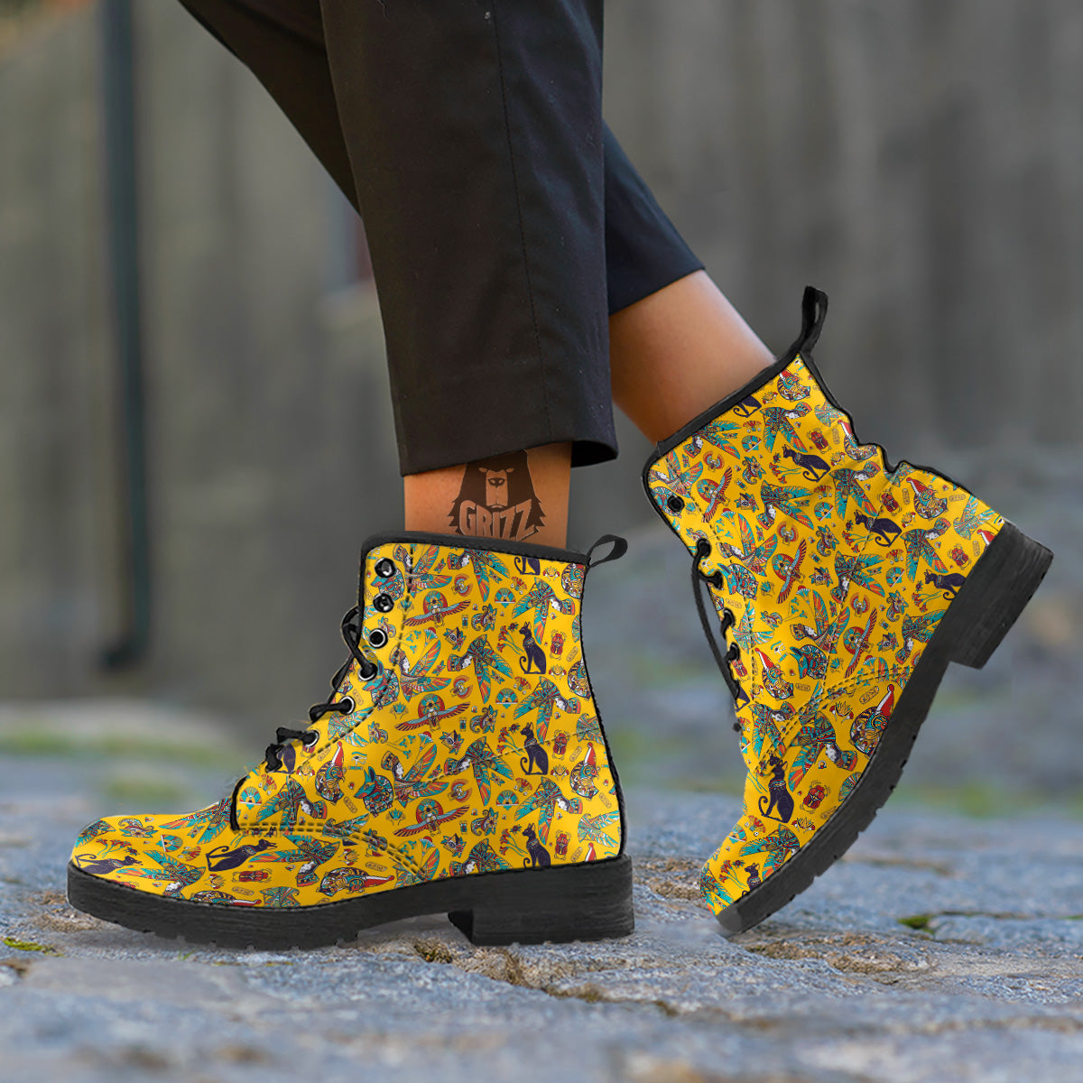 Ancient Egypt Yellow Print Pattern Leather Boots-grizzshop