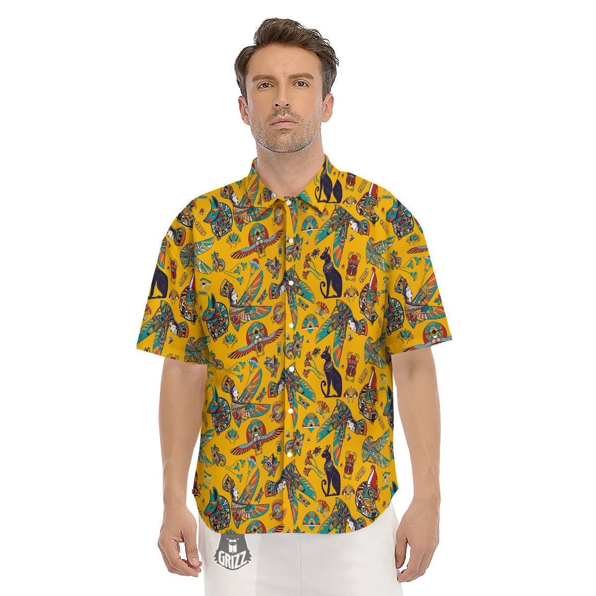 Ancient Egypt Yellow Print Pattern Men's Short Sleeve Shirts-grizzshop