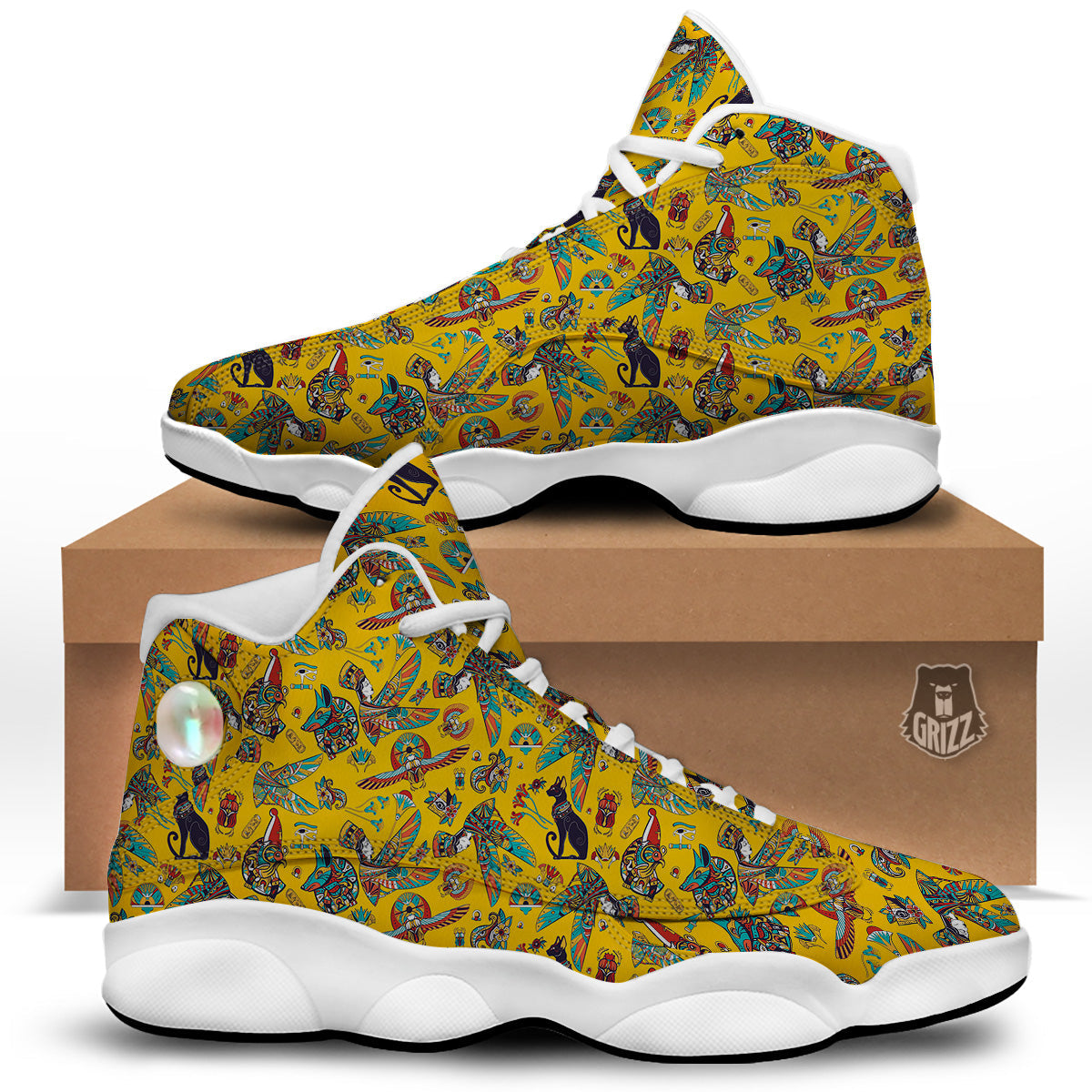 Ancient Egypt Yellow Print Pattern White Basketball Shoes-grizzshop