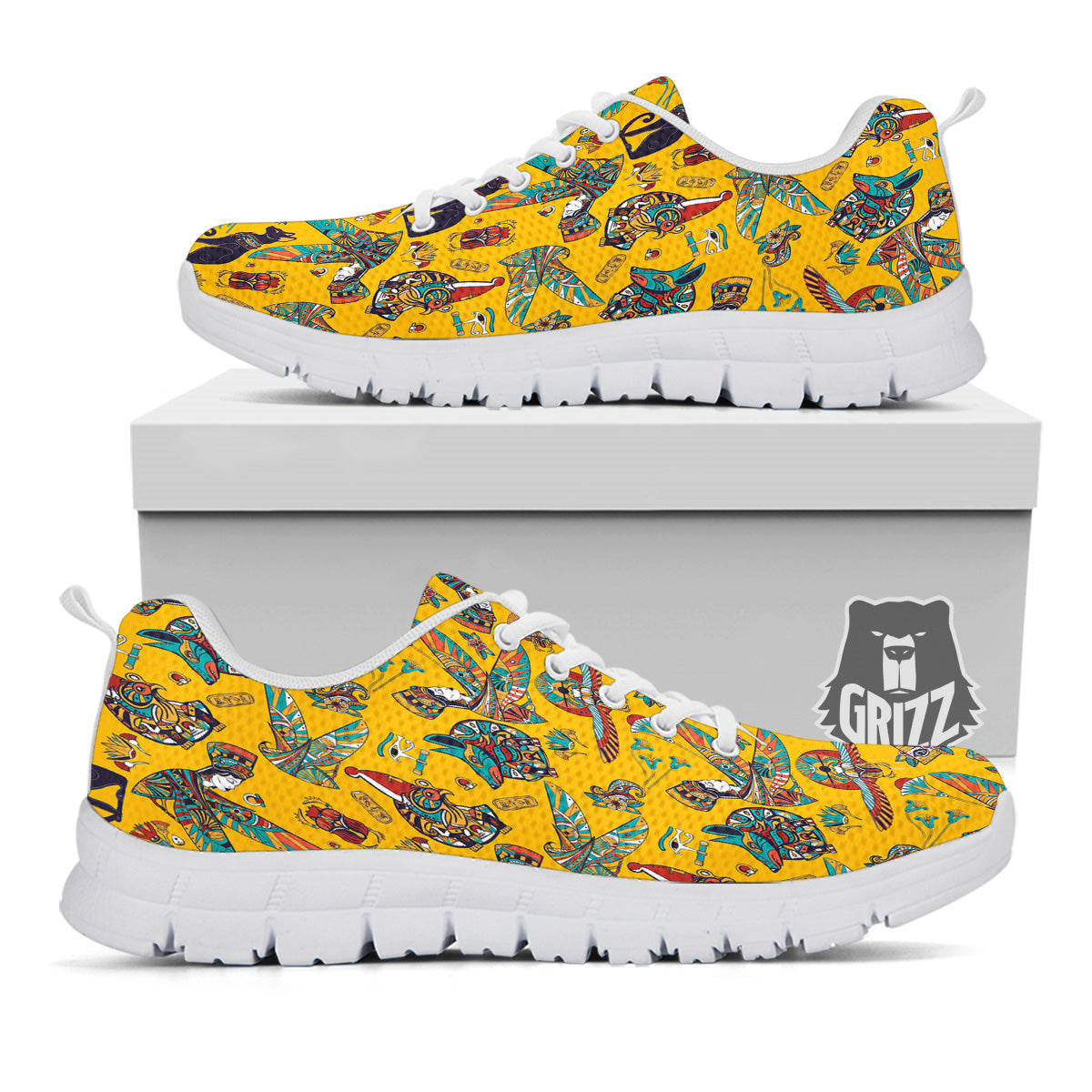 Ancient Egypt Yellow Print Pattern White Sneaker-grizzshop