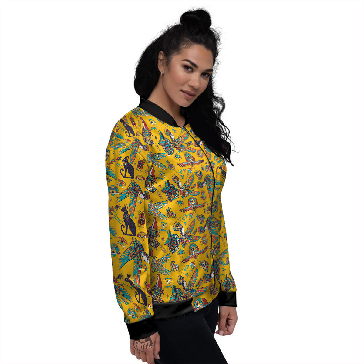 Ancient Egypt Yellow Print Pattern Women's Bomber Jacket-grizzshop