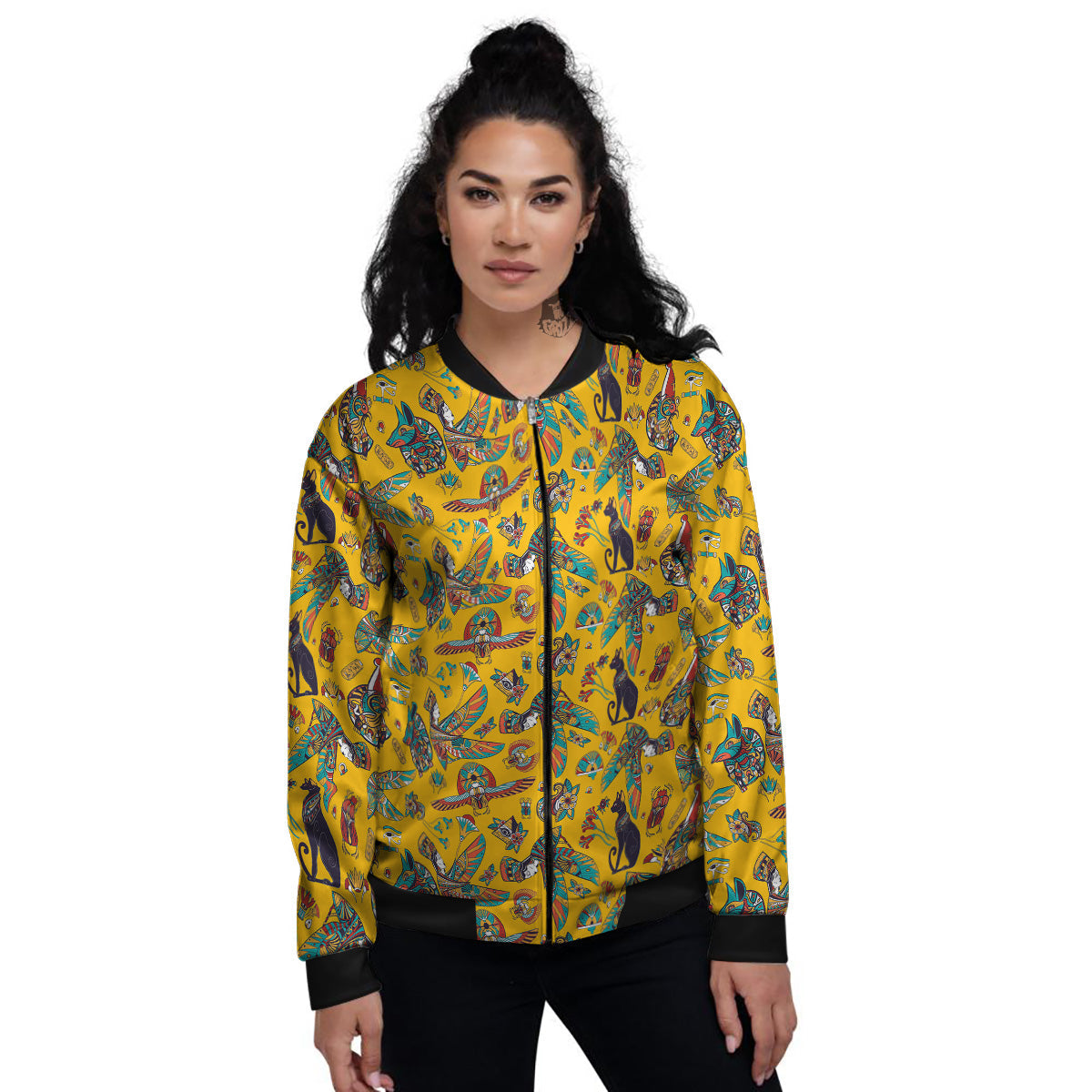 Ancient Egypt Yellow Print Pattern Women's Bomber Jacket-grizzshop