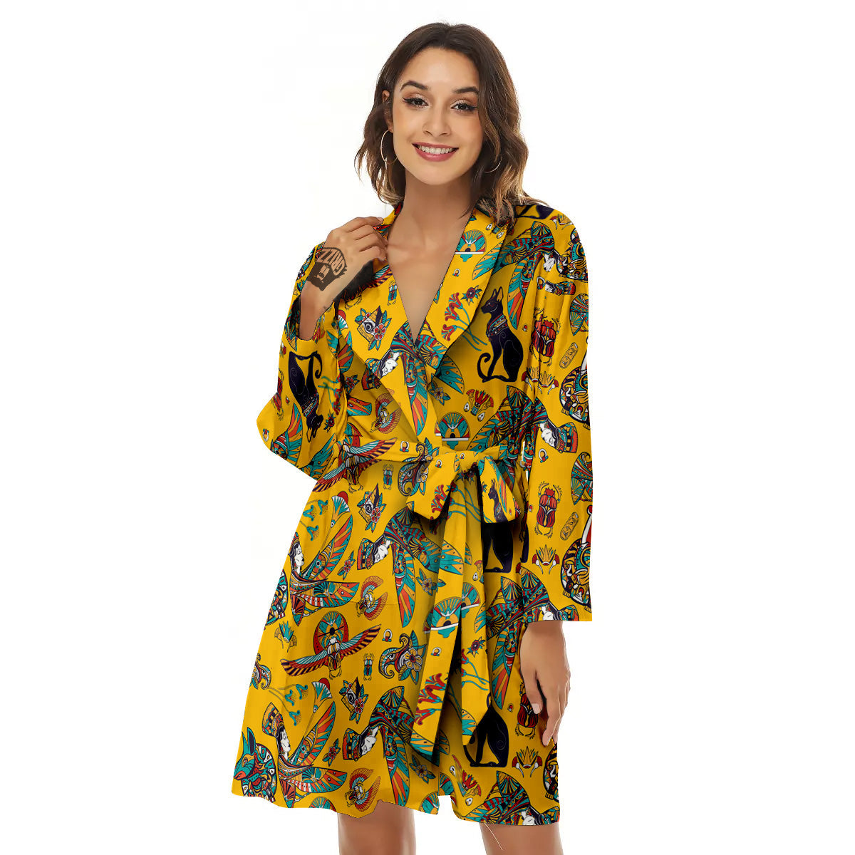 Ancient Egypt Yellow Print Pattern Women's Robe-grizzshop