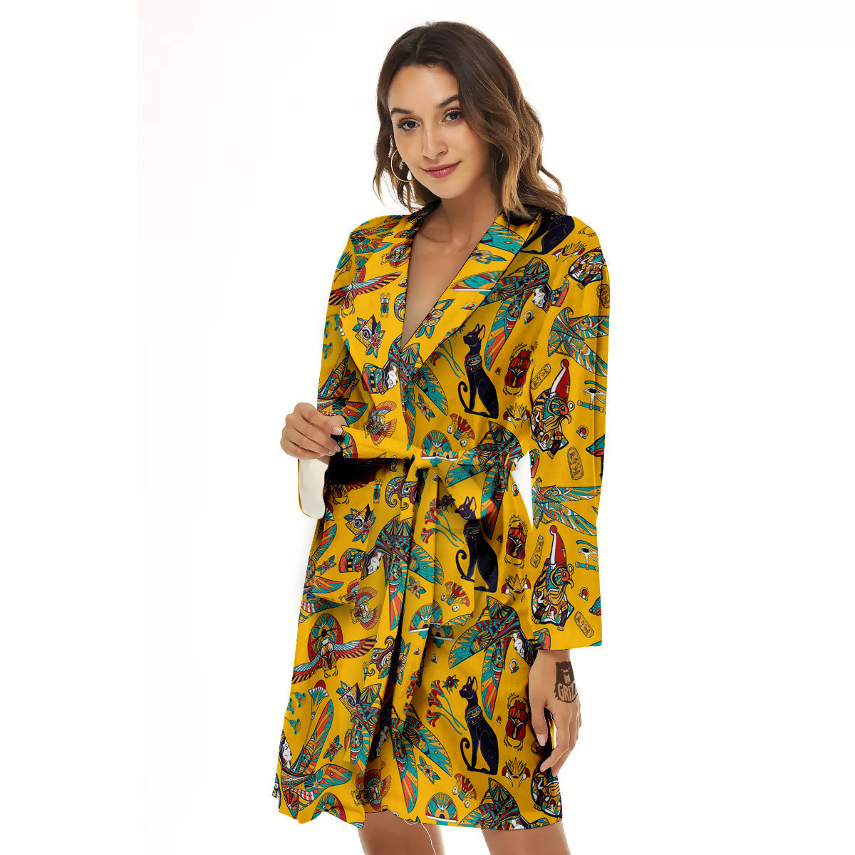 Ancient Egypt Yellow Print Pattern Women's Robe-grizzshop