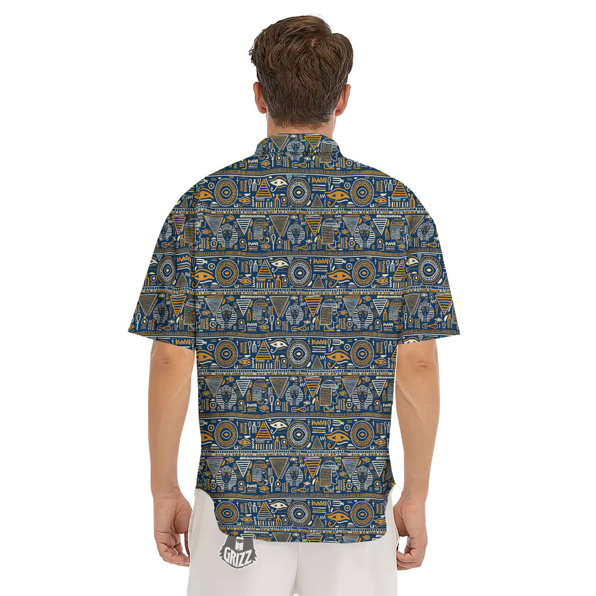 Ancient Egyptian Tribal Blue Print Pattern Men's Short Sleeve Shirts-grizzshop