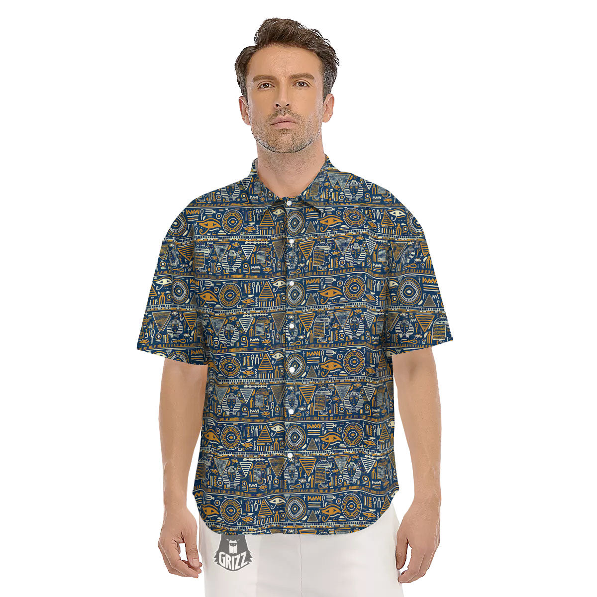 Ancient Egyptian Tribal Blue Print Pattern Men's Short Sleeve Shirts-grizzshop