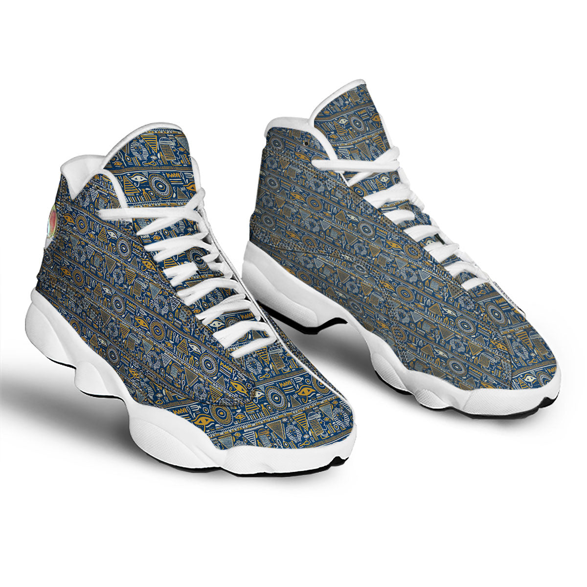 Ancient Egyptian Tribal Blue Print Pattern White Basketball Shoes-grizzshop