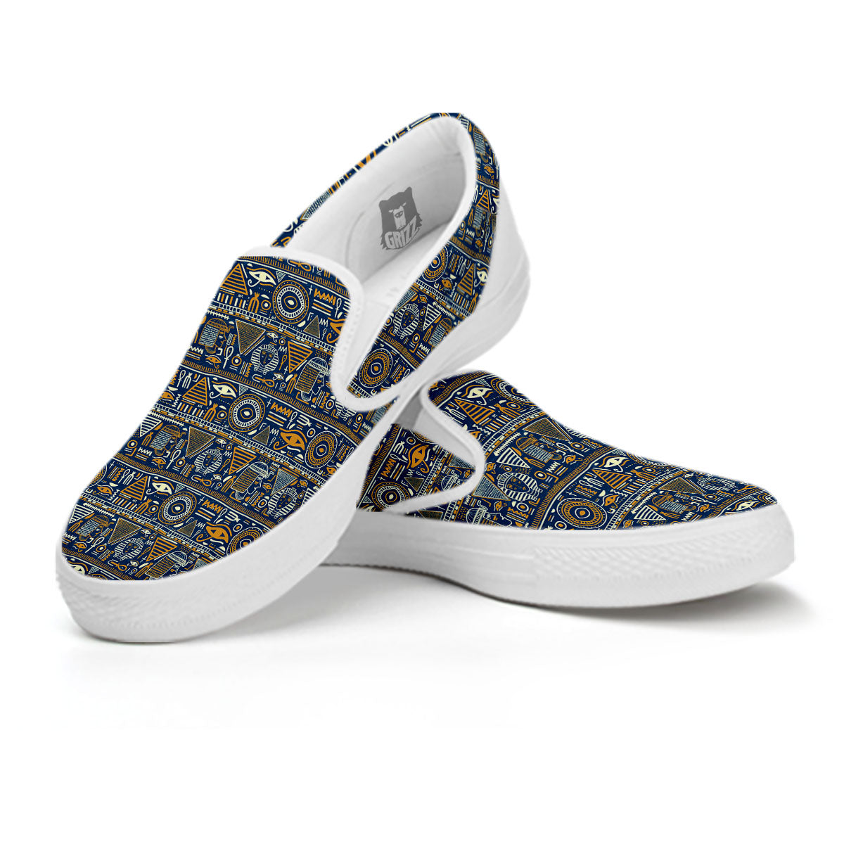 Ancient Egyptian Tribal Blue Print Pattern White Slip On Shoes-grizzshop