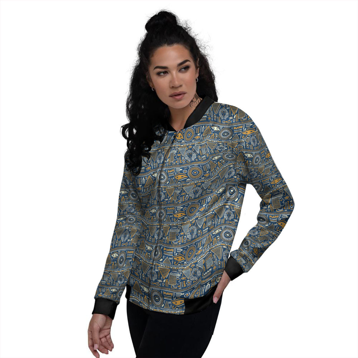 Ancient Egyptian Tribal Blue Print Pattern Women's Bomber Jacket-grizzshop