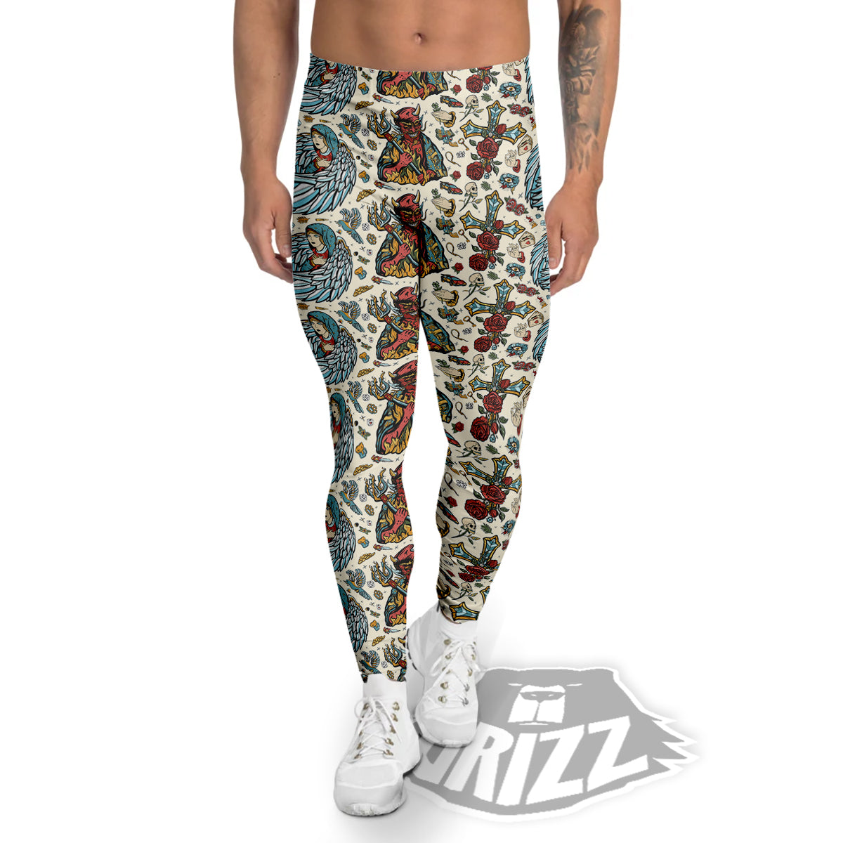 Angel And Demon Old School Tattoo Print Pattern Men's Leggings-grizzshop