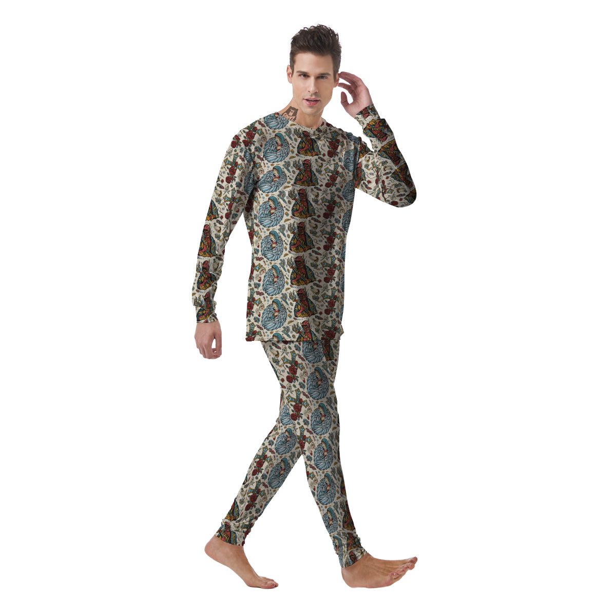 Angel And Demon Old School Tattoo Print Pattern Men's Pajamas-grizzshop