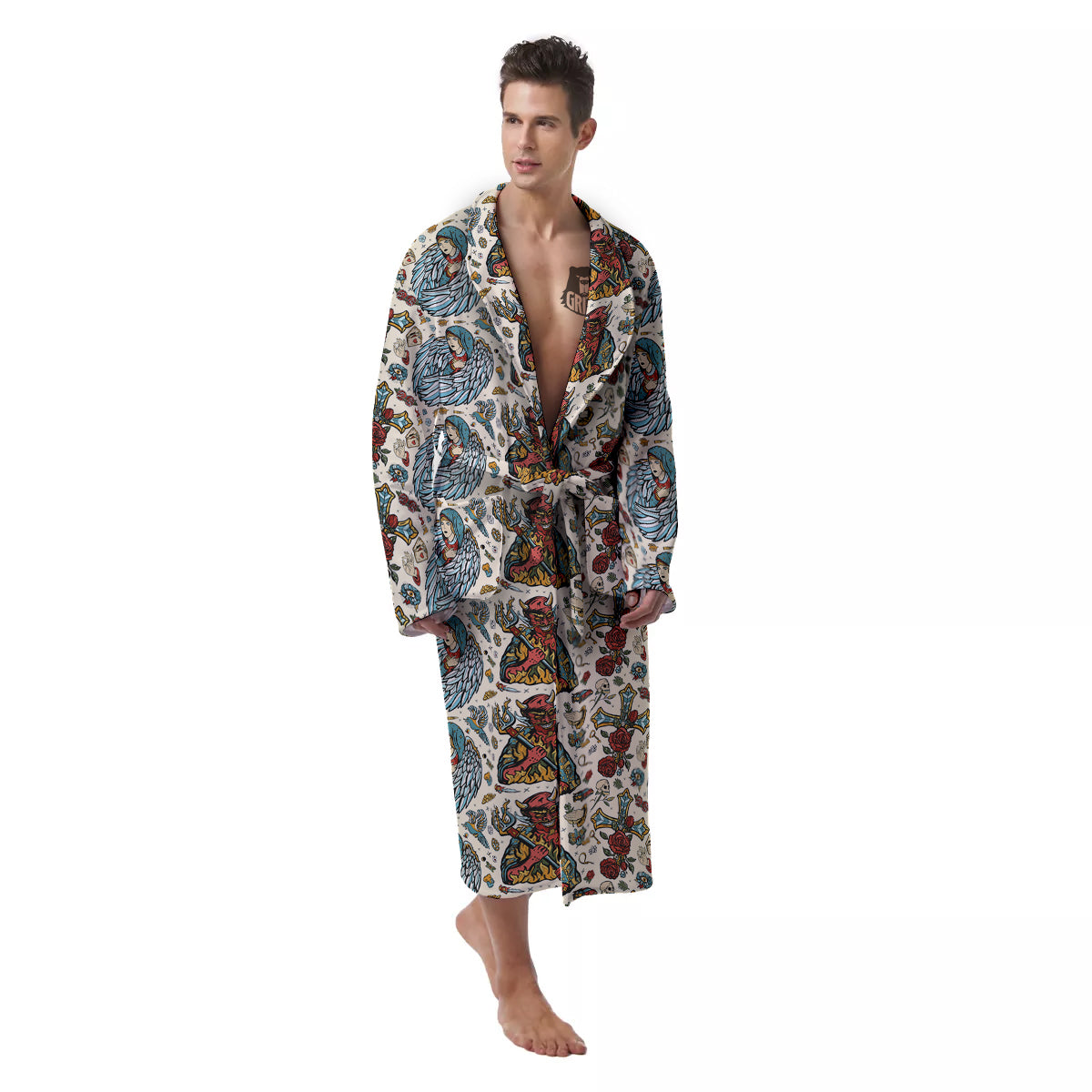 Angel And Demon Old School Tattoo Print Pattern Men's Robe-grizzshop
