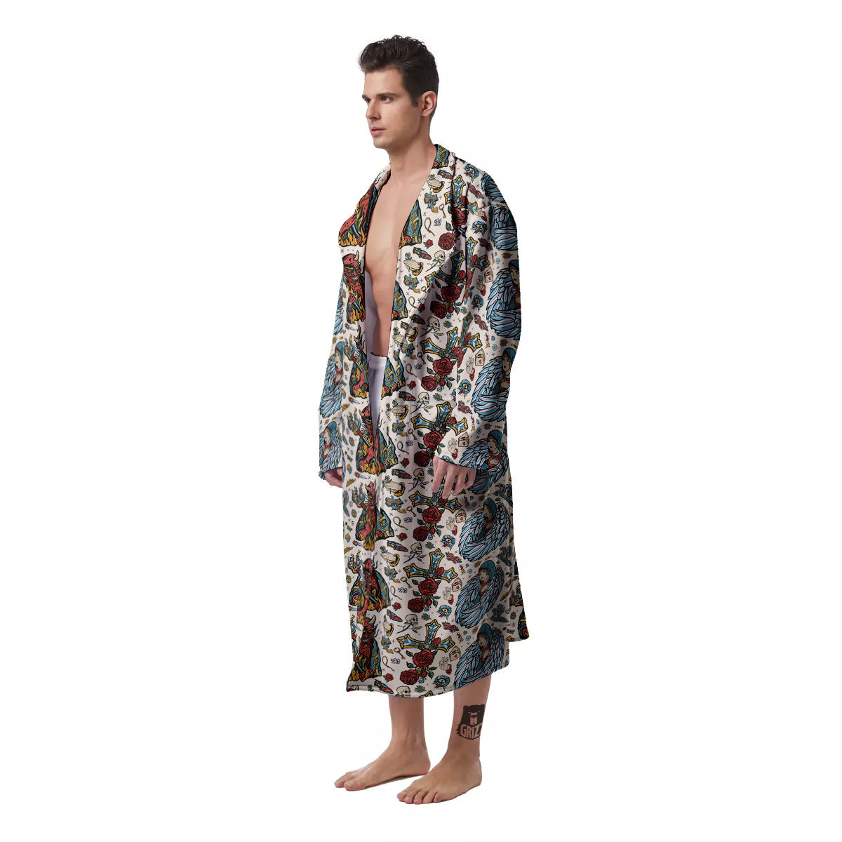 Angel And Demon Old School Tattoo Print Pattern Men's Robe-grizzshop