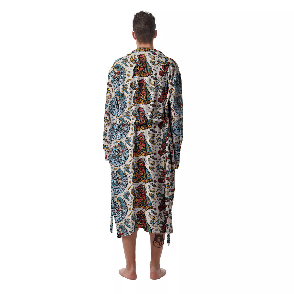 Angel And Demon Old School Tattoo Print Pattern Men's Robe-grizzshop