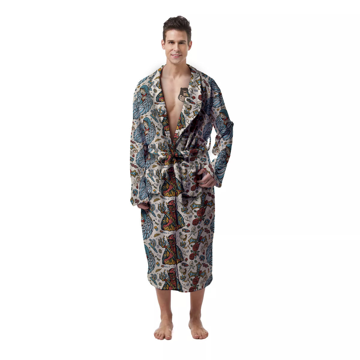 Angel And Demon Old School Tattoo Print Pattern Men's Robe-grizzshop