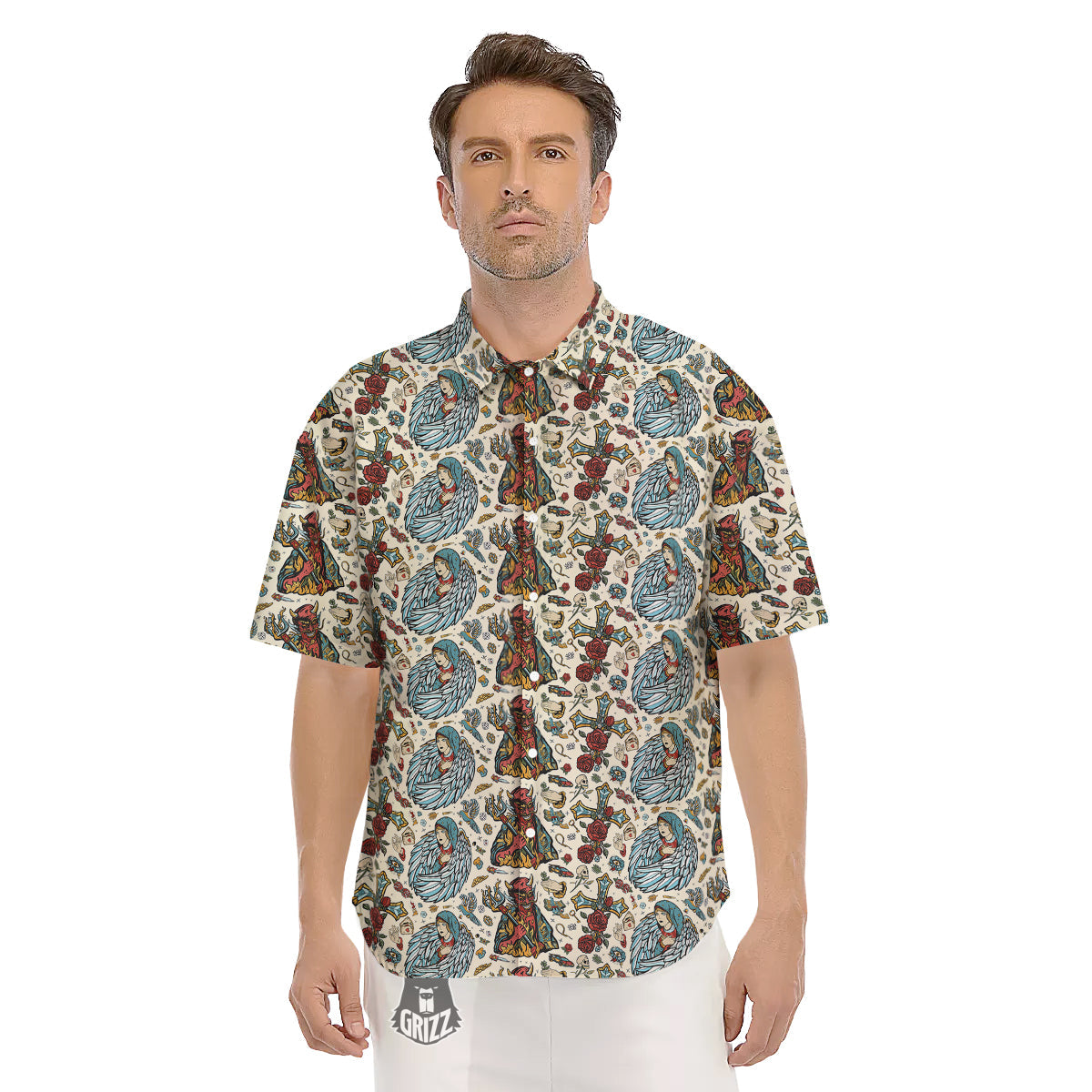 Angel And Demon Old School Tattoo Print Pattern Men's Short Sleeve Shirts-grizzshop