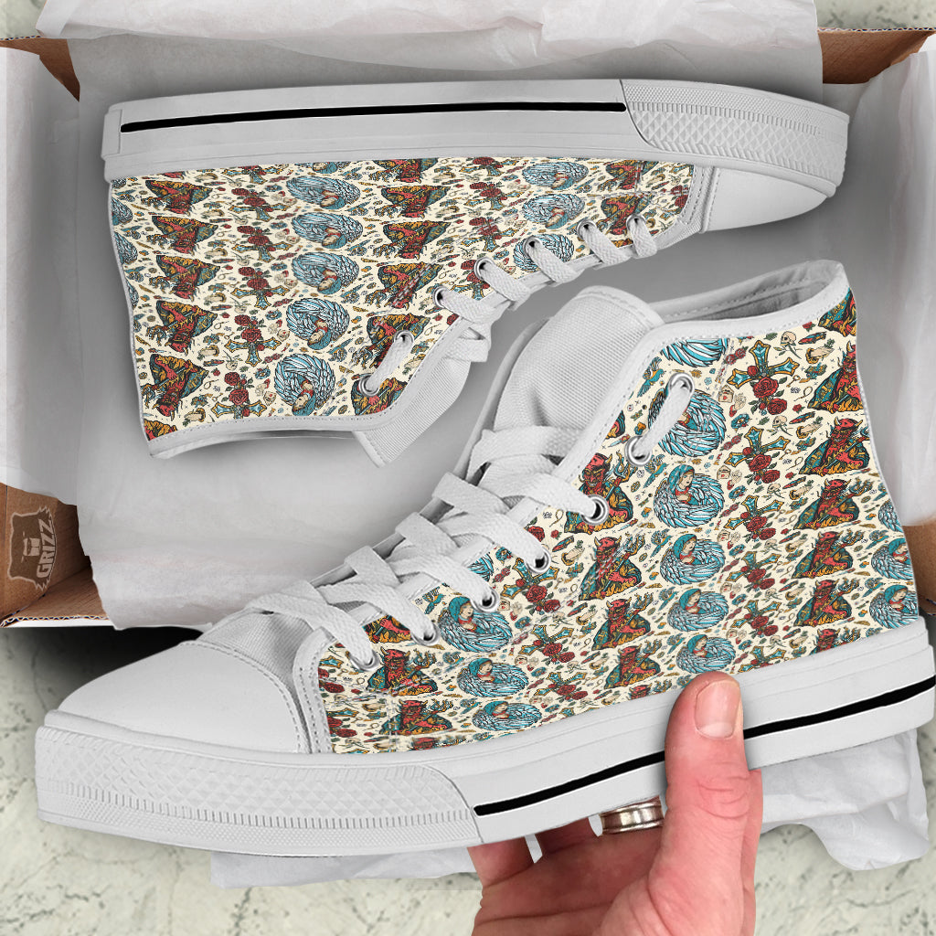 Angel And Demon Old School Tattoo Print Pattern White High Top Shoes-grizzshop