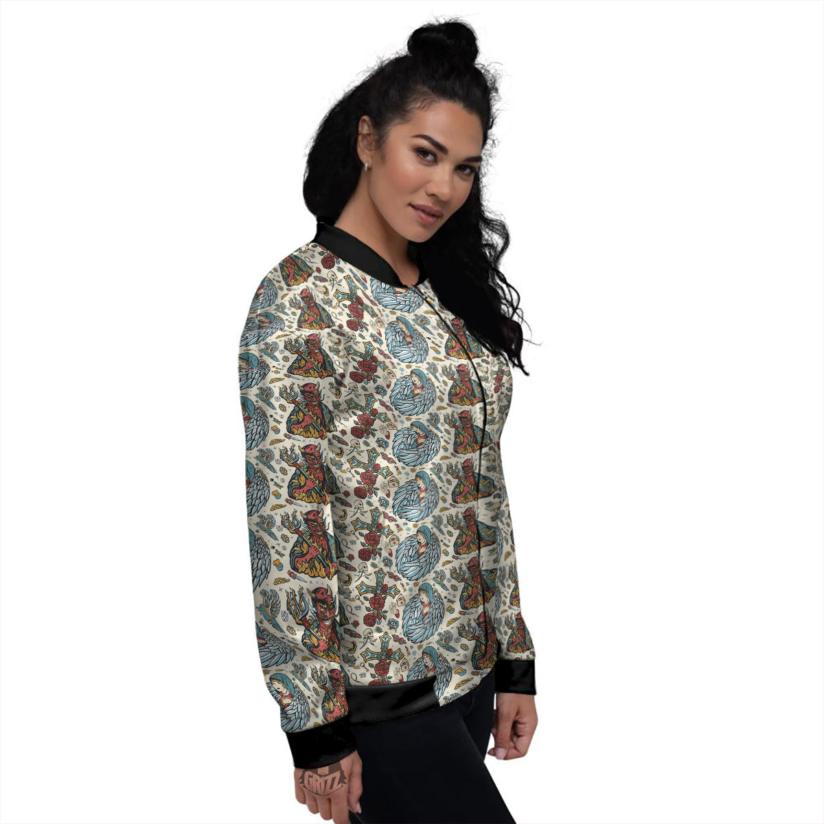 Angel And Demon Old School Tattoo Print Pattern Women's Bomber Jacket-grizzshop