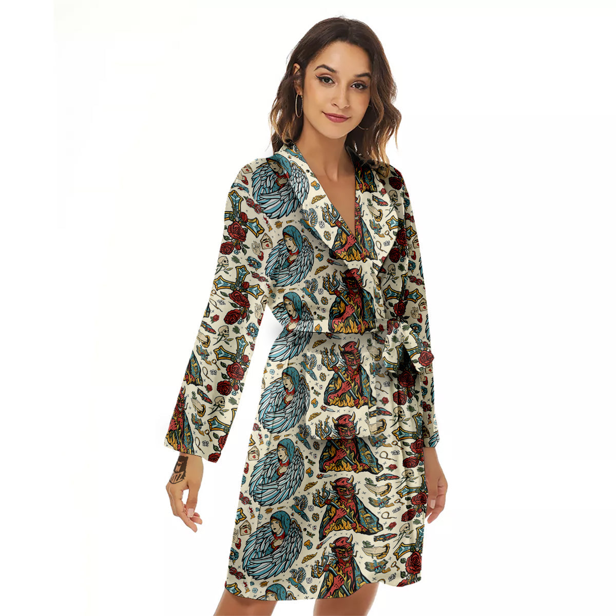 Angel And Demon Old School Tattoo Print Pattern Women's Robe-grizzshop