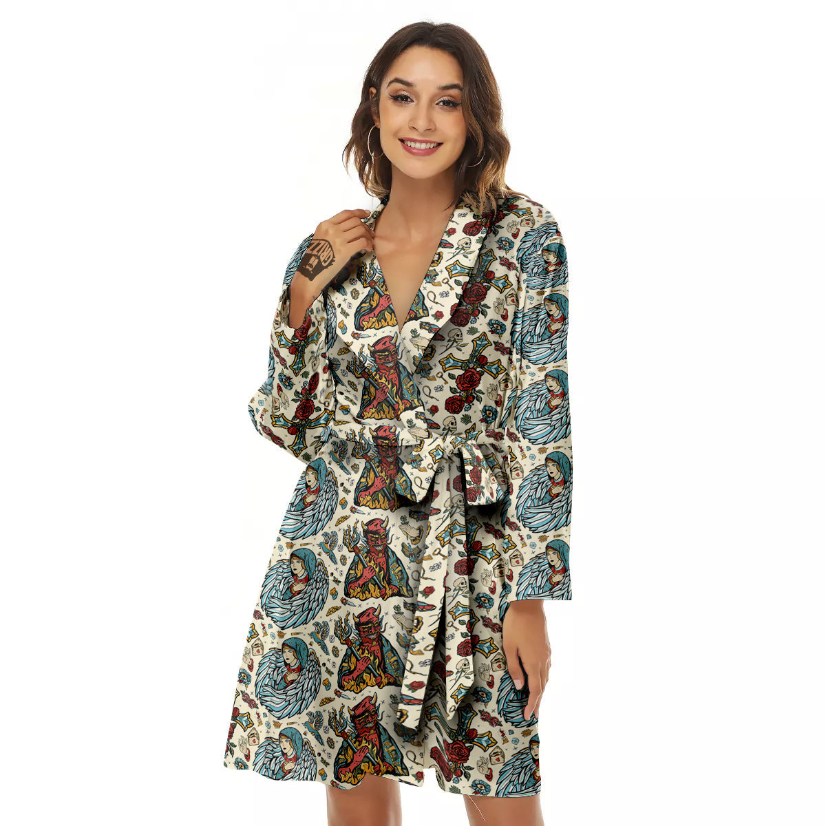 Angel And Demon Old School Tattoo Print Pattern Women's Robe-grizzshop
