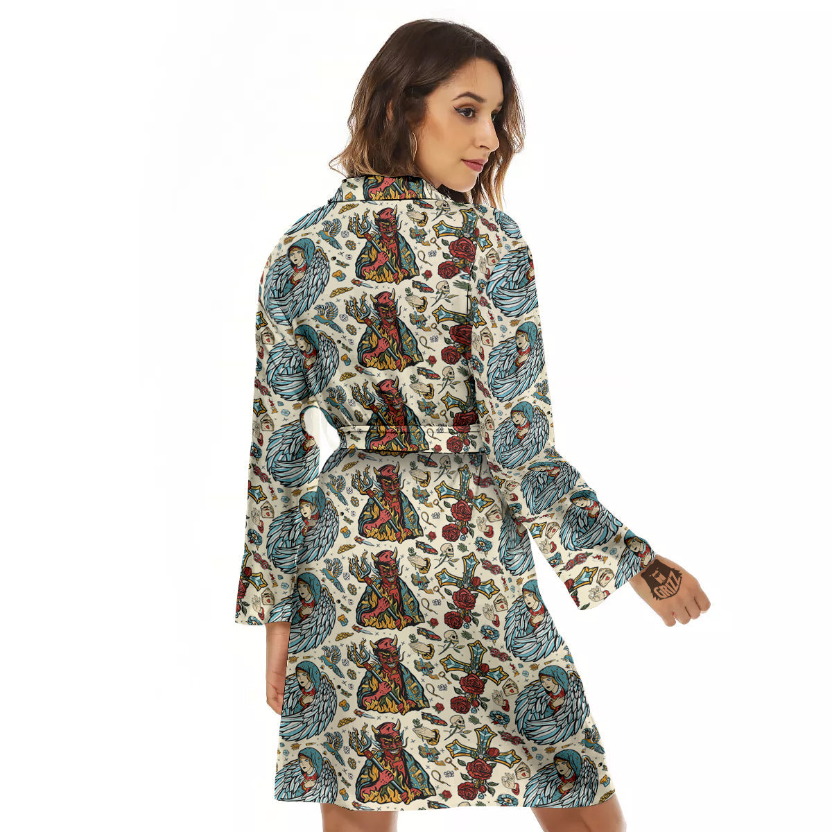 Angel And Demon Old School Tattoo Print Pattern Women's Robe-grizzshop
