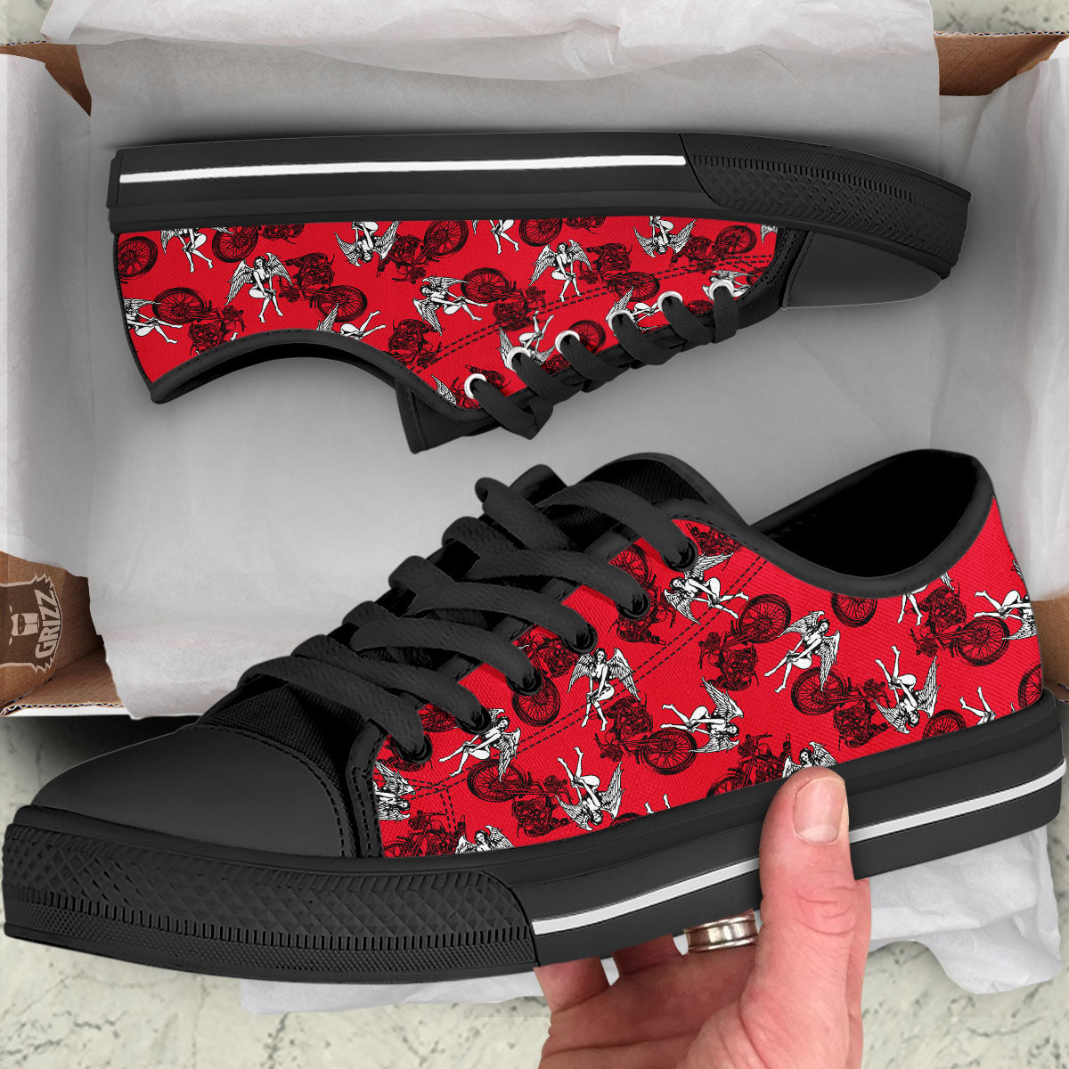Angel And Motorcycle Print Pattern Black Low Top Shoes-grizzshop