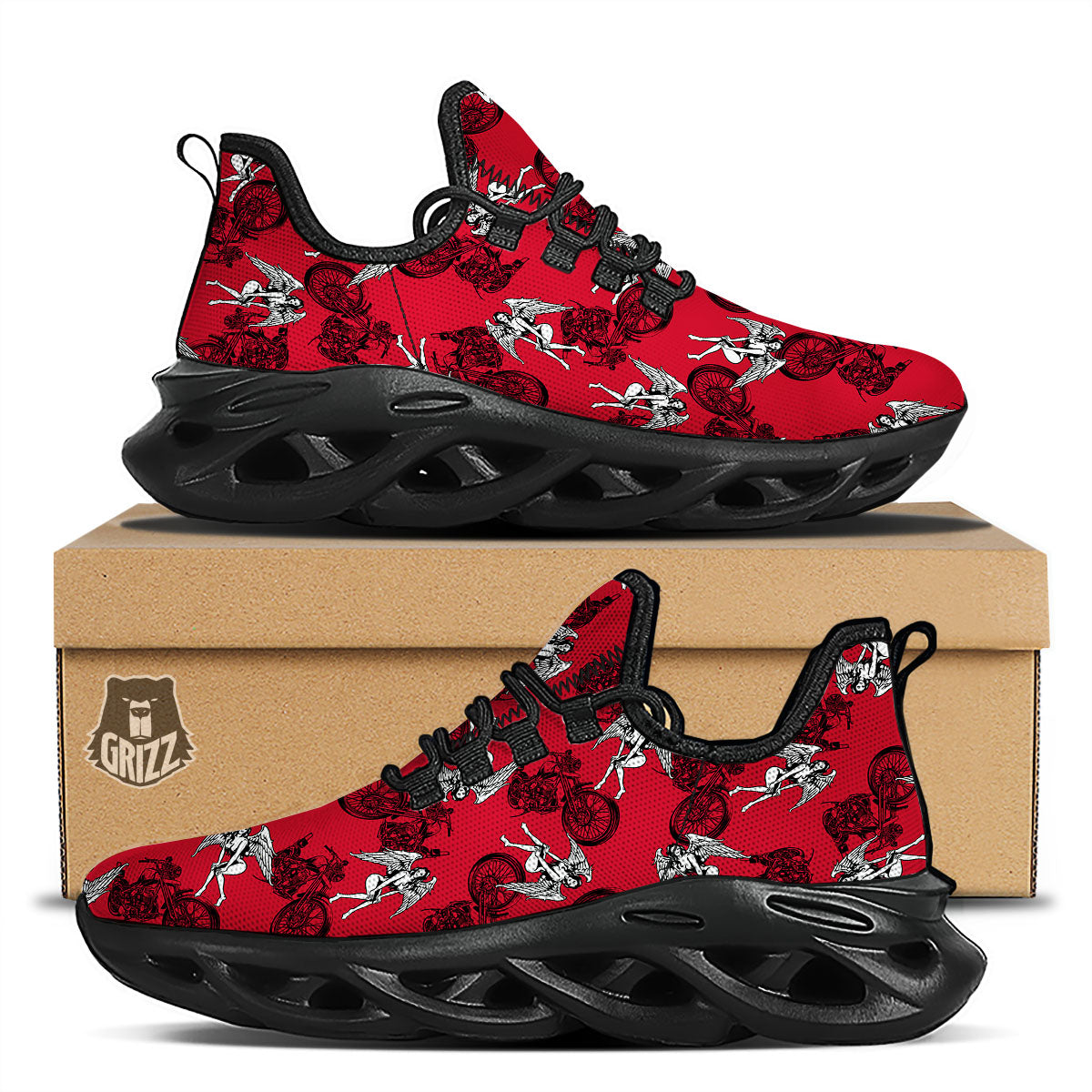 Angel And Motorcycle Print Pattern Black Running Shoes-grizzshop