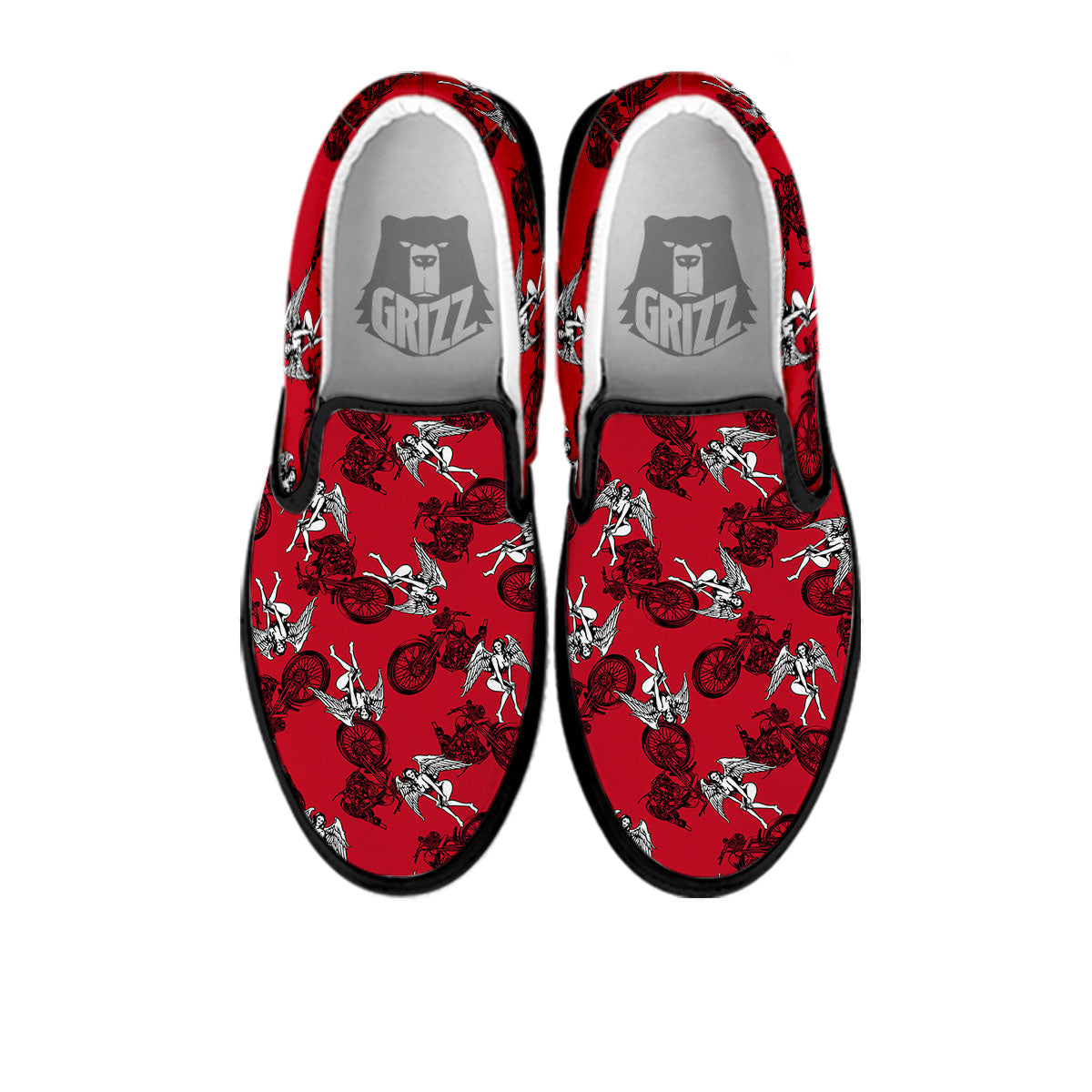 Angel And Motorcycle Print Pattern Black Slip On Shoes-grizzshop