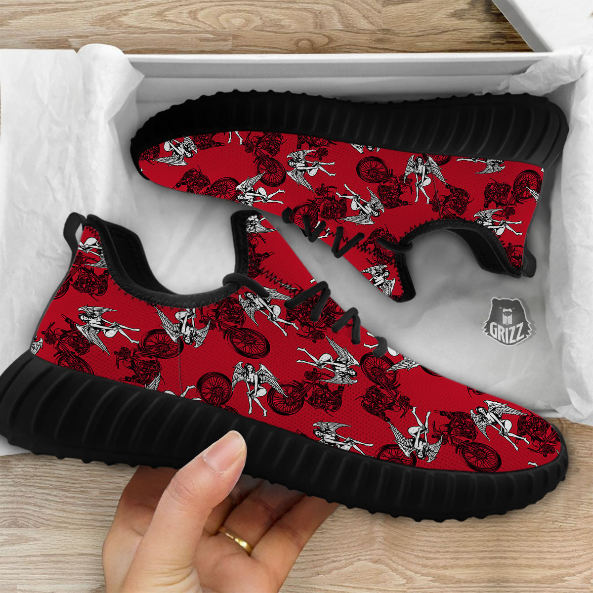 Angel And Motorcycle Print Pattern Black Walking Shoes-grizzshop