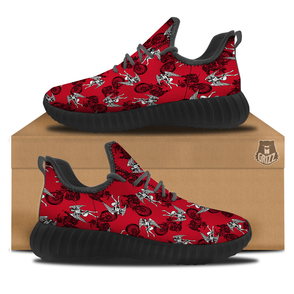 Angel And Motorcycle Print Pattern Black Walking Shoes-grizzshop
