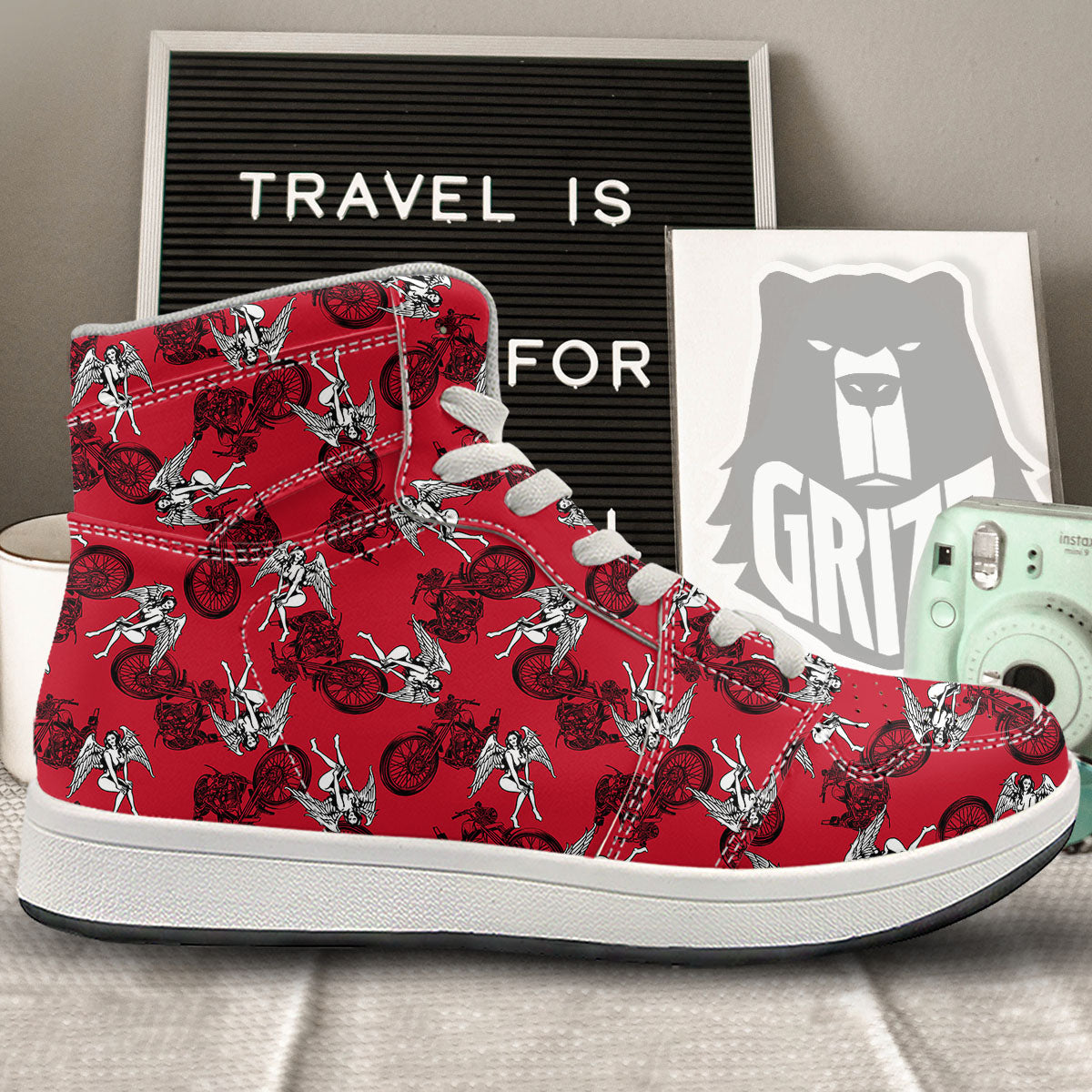 Angel And Motorcycle Print Pattern High Top Sneakers-grizzshop
