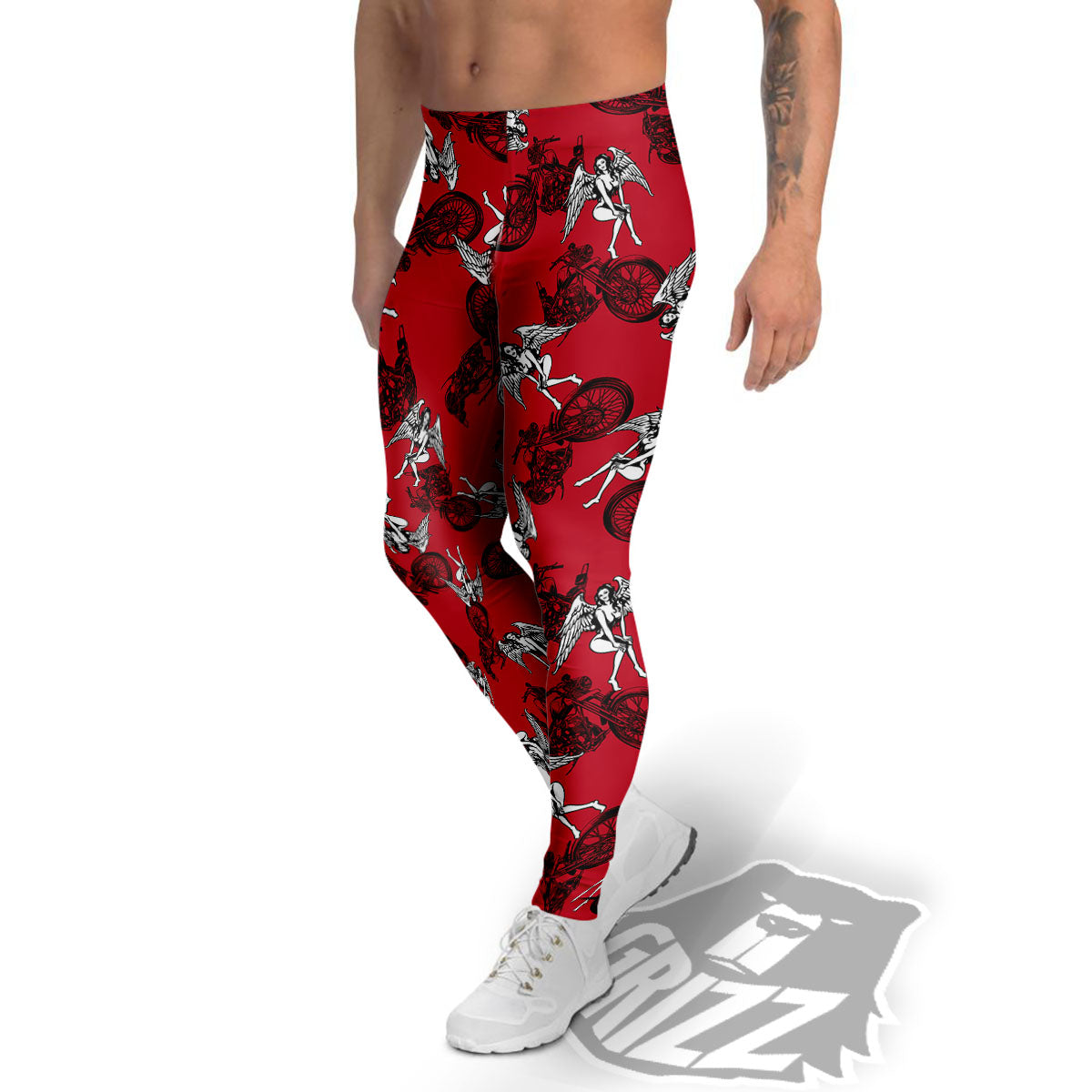Angel And Motorcycle Print Pattern Men's Leggings-grizzshop