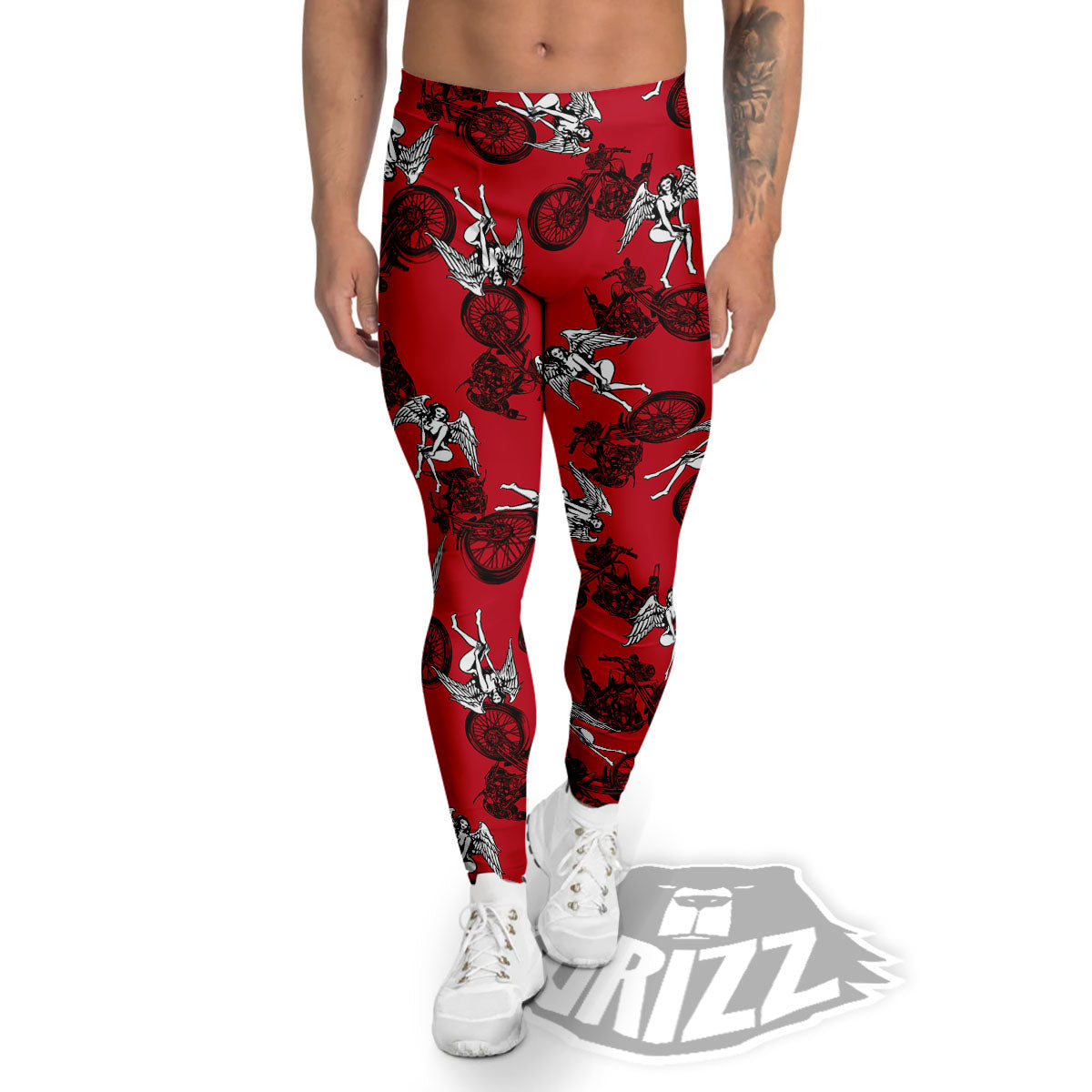 Angel And Motorcycle Print Pattern Men's Leggings-grizzshop