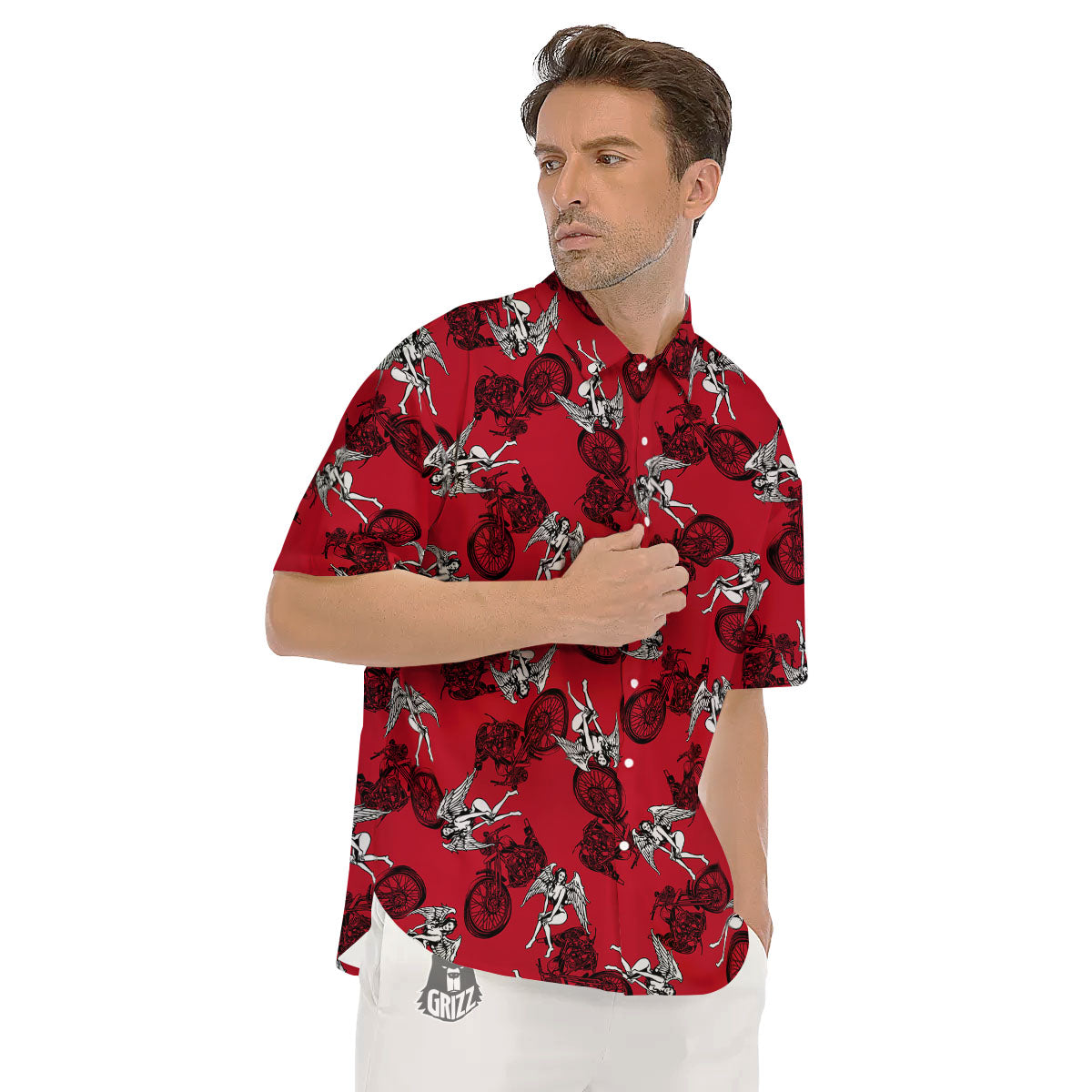 Angel And Motorcycle Print Pattern Men's Short Sleeve Shirts-grizzshop