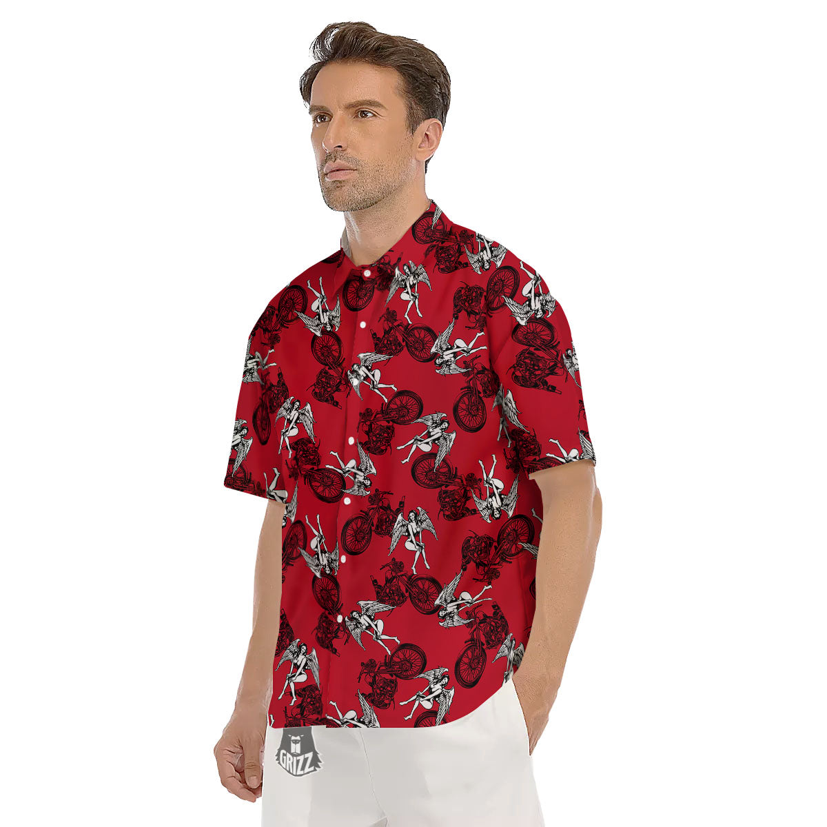 Angel And Motorcycle Print Pattern Men's Short Sleeve Shirts-grizzshop