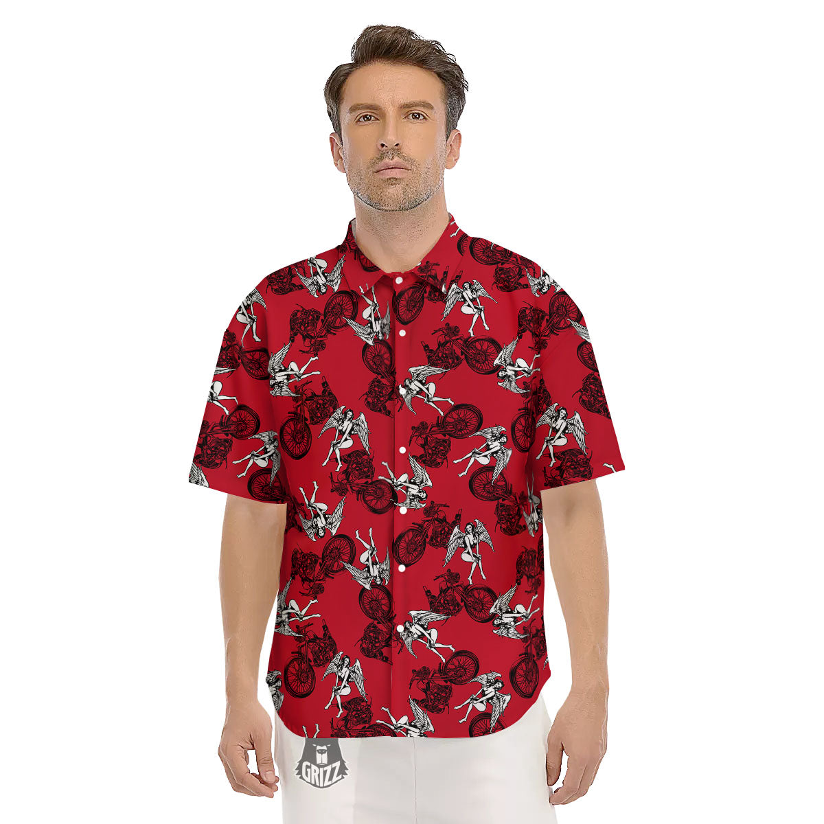 Angel And Motorcycle Print Pattern Men's Short Sleeve Shirts-grizzshop