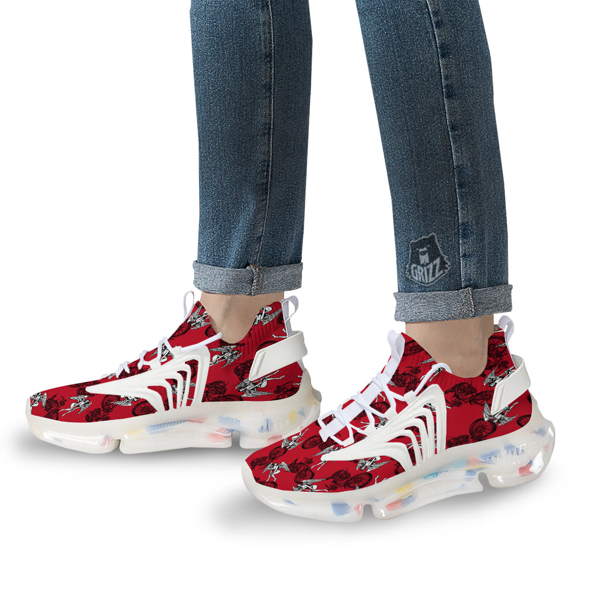 Angel And Motorcycle Print Pattern White Gym Shoes-grizzshop