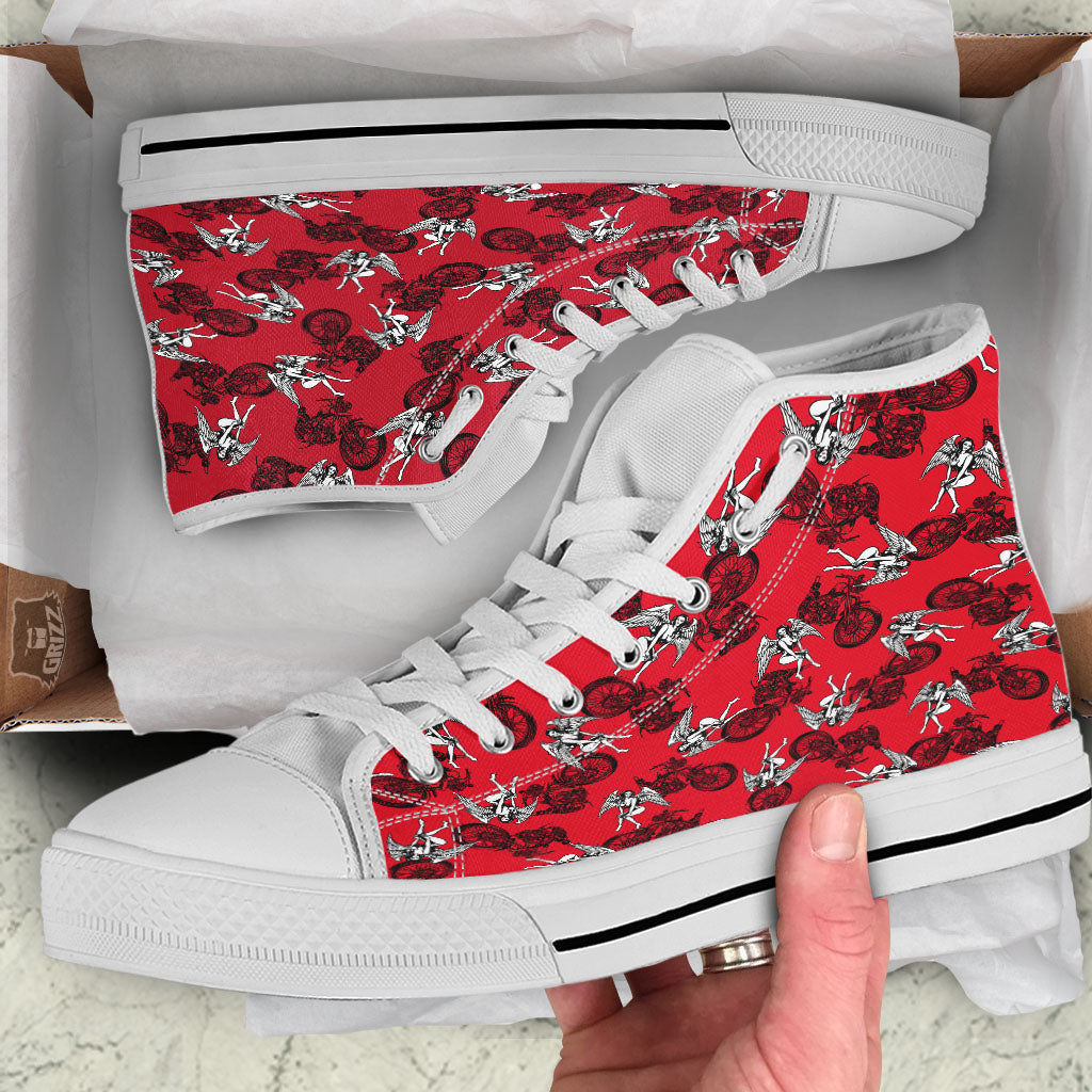 Angel And Motorcycle Print Pattern White High Top Shoes-grizzshop